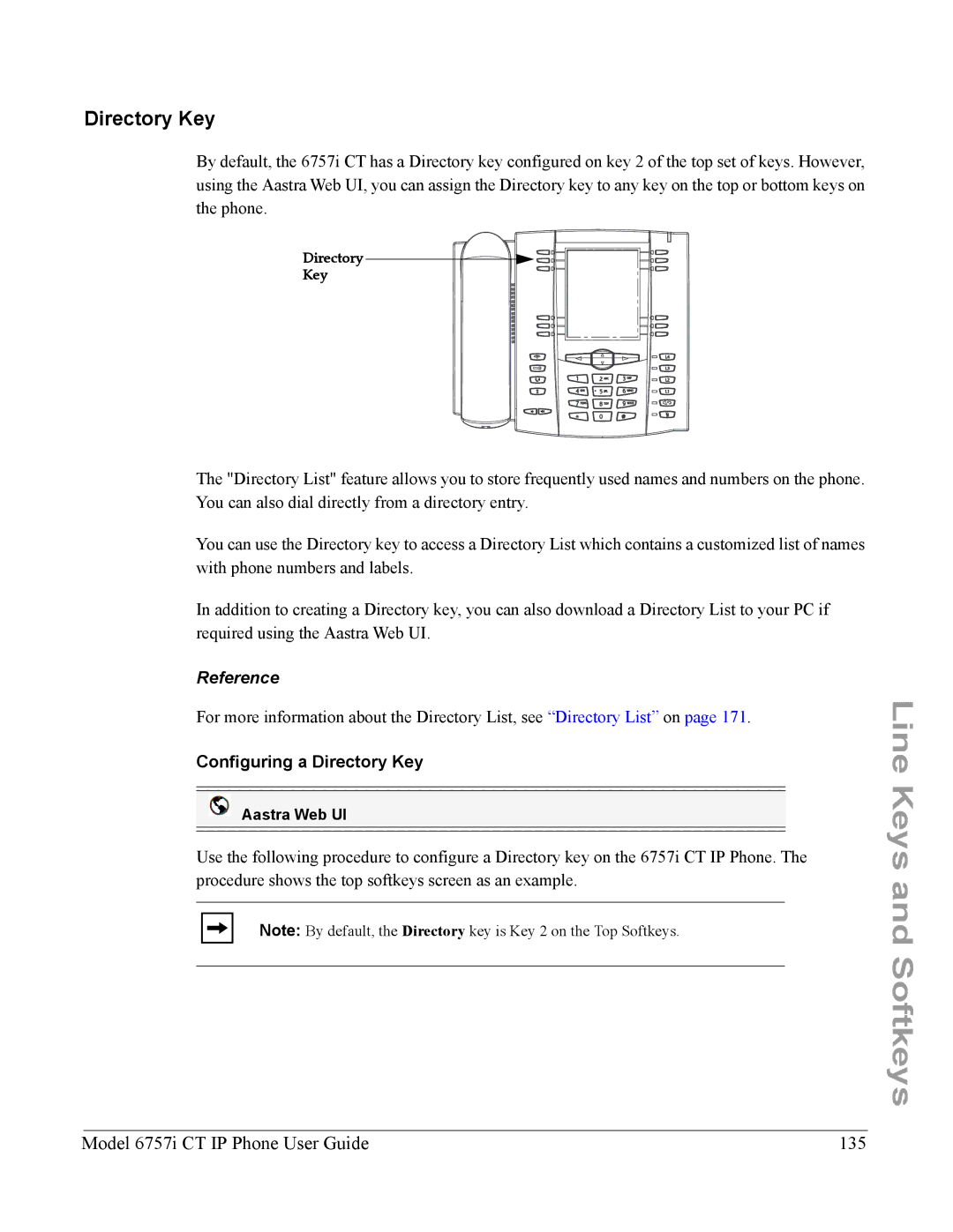 Aastra Telecom 6757I CT manual Model 6757i CT IP Phone User Guide 135, Configuring a Directory Key 