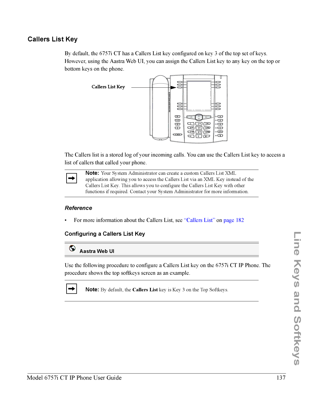 Aastra Telecom 6757I CT manual Model 6757i CT IP Phone User Guide 137, Configuring a Callers List Key 