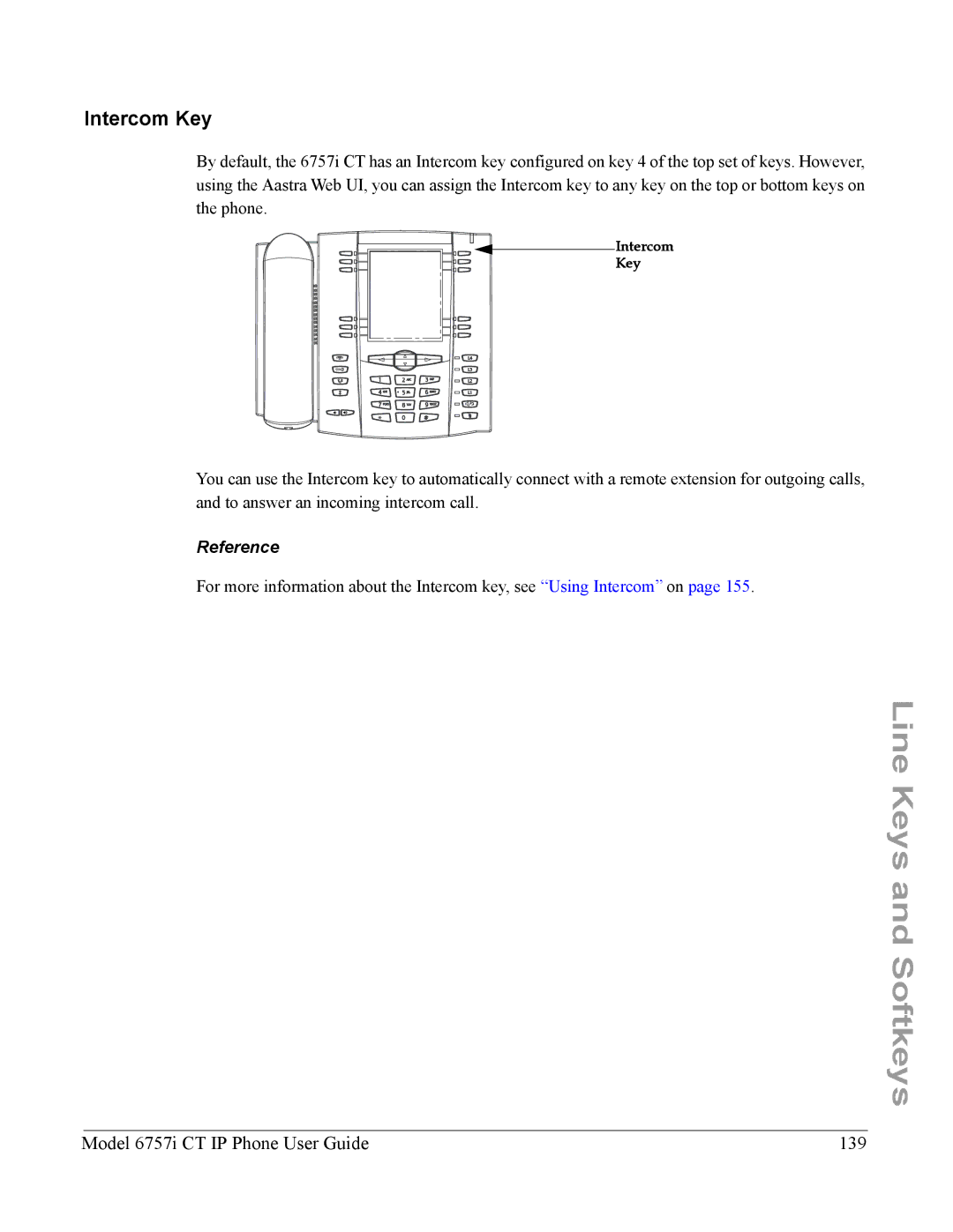 Aastra Telecom 6757I CT manual Intercom Key, Model 6757i CT IP Phone User Guide 139 