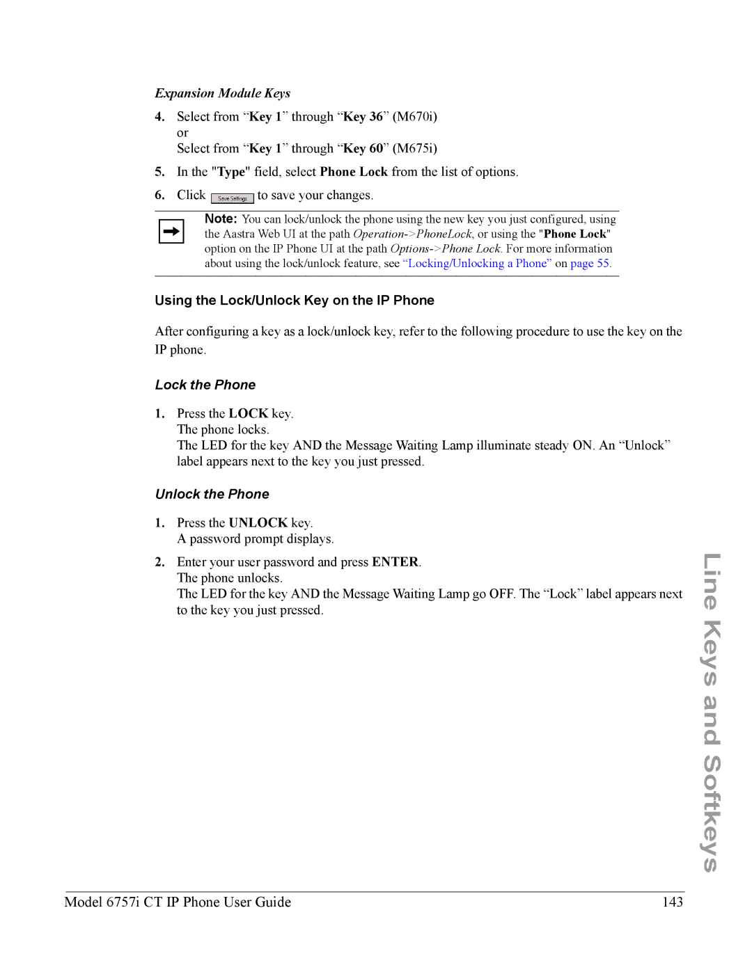 Aastra Telecom 6757I CT manual Model 6757i CT IP Phone User Guide 143, Using the Lock/Unlock Key on the IP Phone 