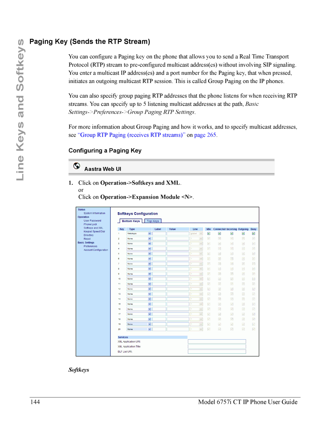 Aastra Telecom 6757I CT Paging Key Sends the RTP Stream, Model 6757i CT IP Phone User Guide, Configuring a Paging Key 