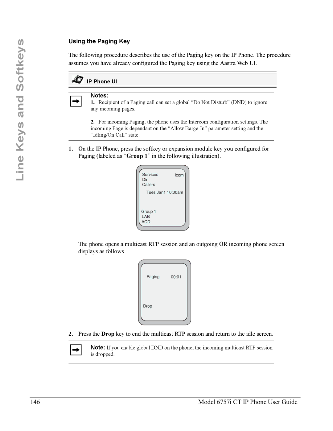 Aastra Telecom 6757I CT manual Model 6757i CT IP Phone User Guide, Using the Paging Key 