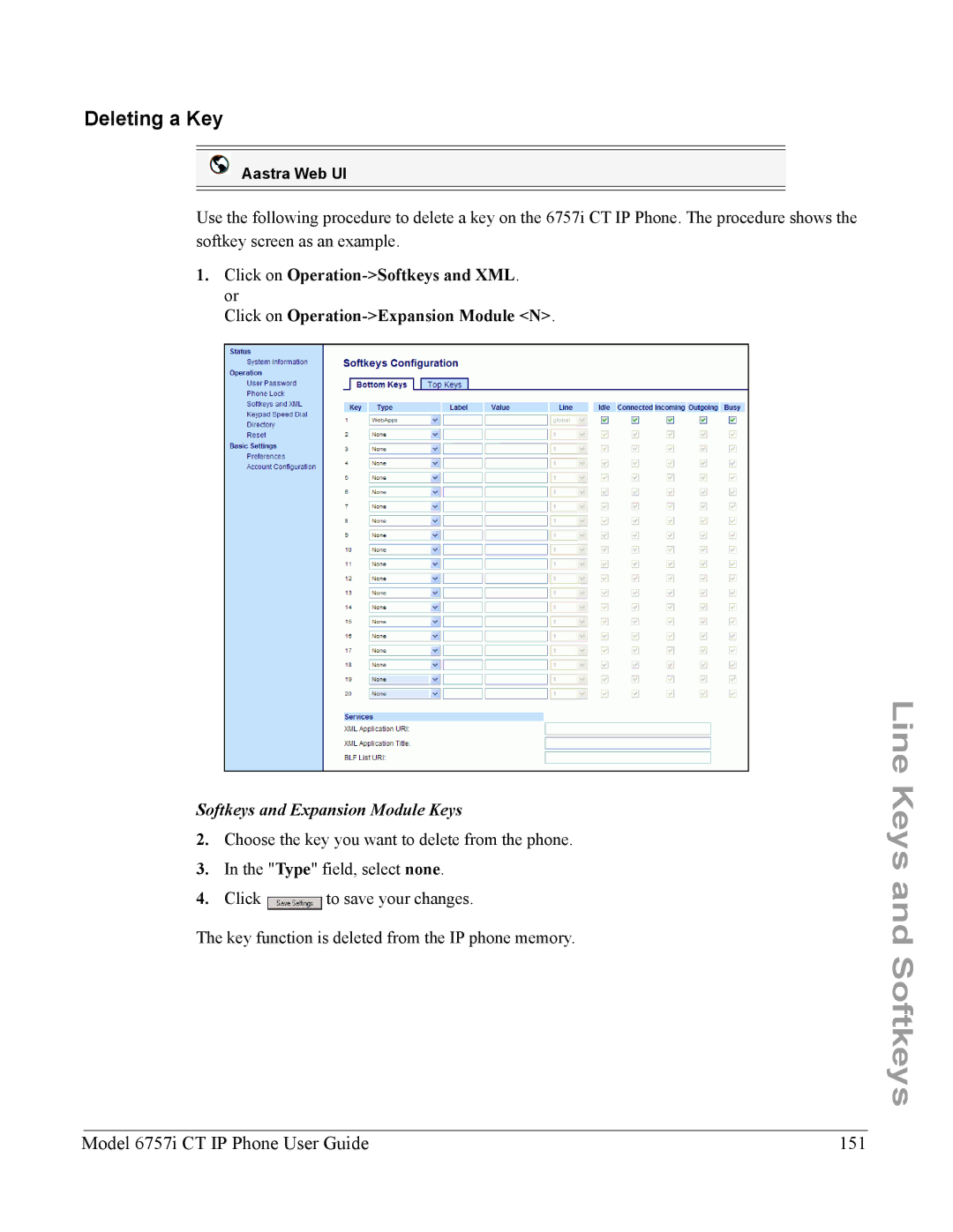 Aastra Telecom 6757I CT manual Deleting a Key, Model 6757i CT IP Phone User Guide 151 