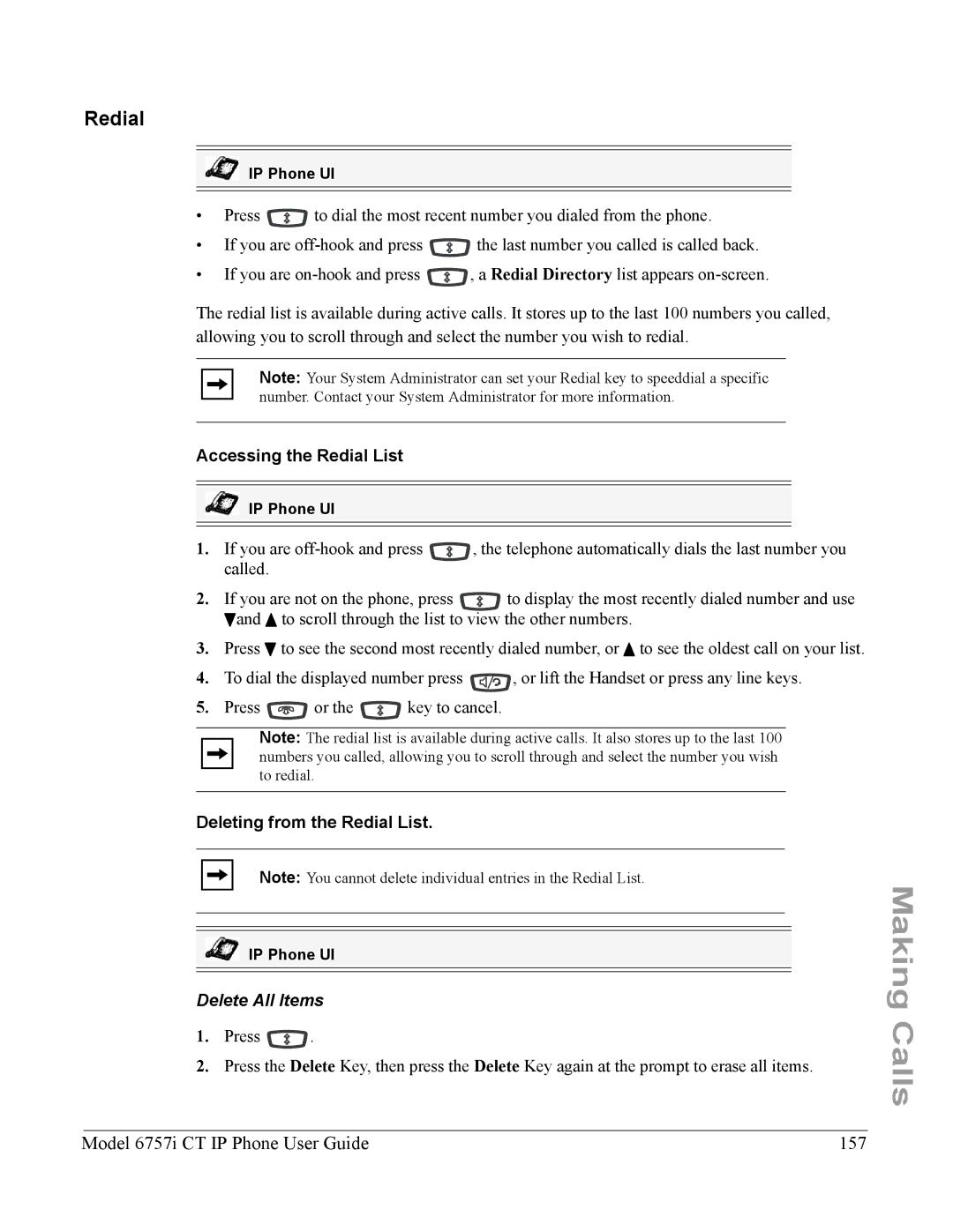 Aastra Telecom 6757I CT manual Model 6757i CT IP Phone User Guide 157, Accessing the Redial List, Delete All Items 