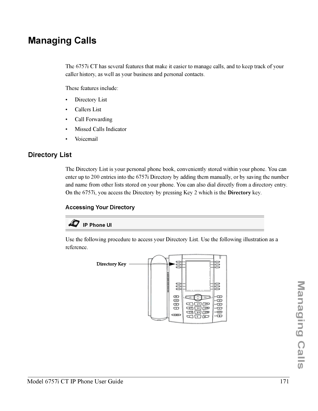 Aastra Telecom 6757I CT Managing Calls, Directory List, Model 6757i CT IP Phone User Guide 171, Accessing Your Directory 