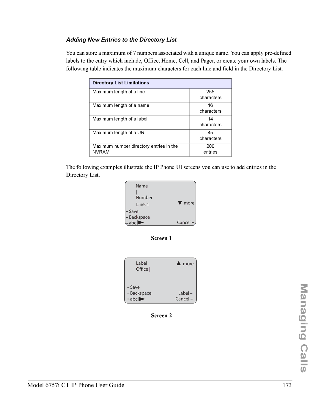 Aastra Telecom 6757I CT manual Model 6757i CT IP Phone User Guide 173, Adding New Entries to the Directory List, Screen 