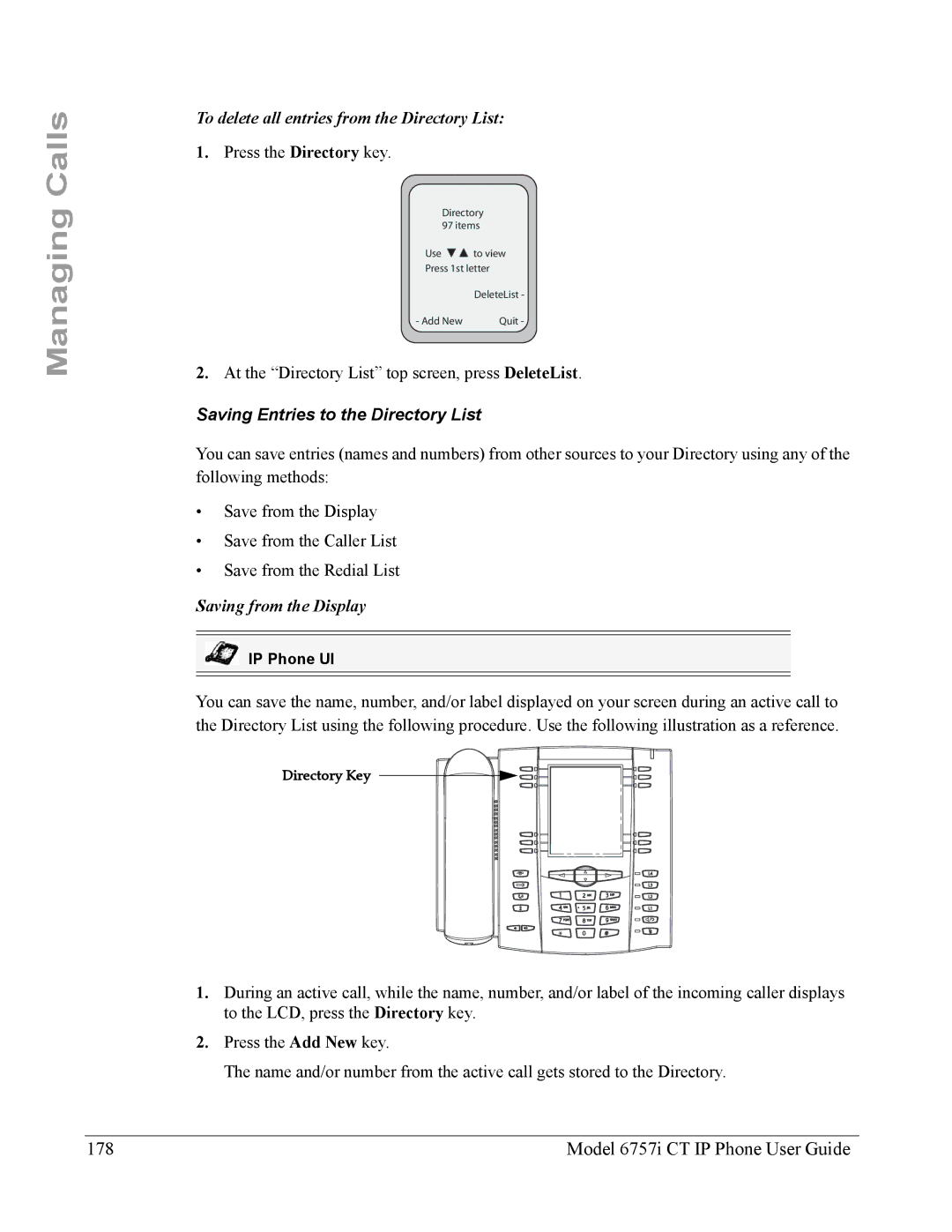 Aastra Telecom 6757I CT manual Model 6757i CT IP Phone User Guide, Saving Entries to the Directory List 