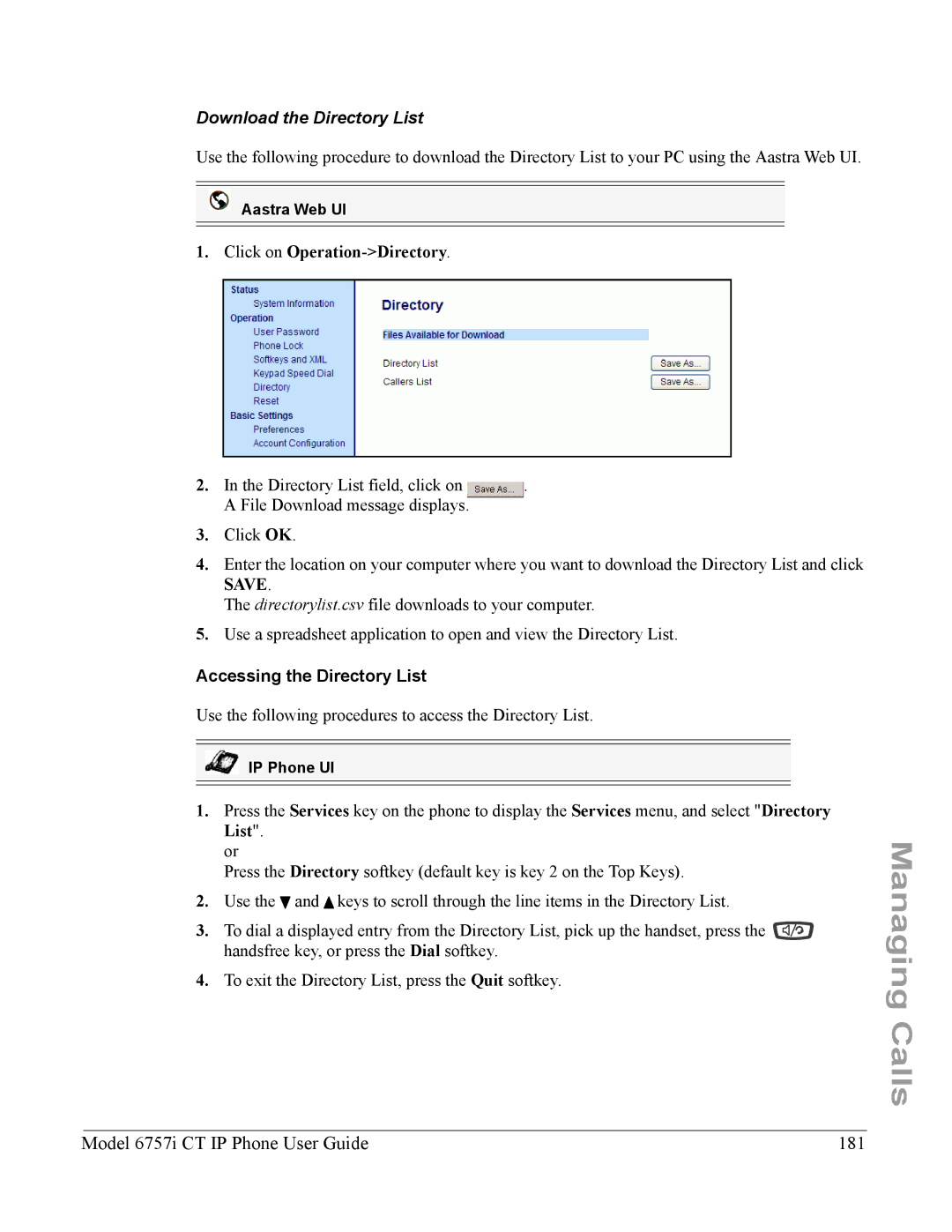 Aastra Telecom 6757I CT Model 6757i CT IP Phone User Guide 181, Download the Directory List, Click on Operation-Directory 