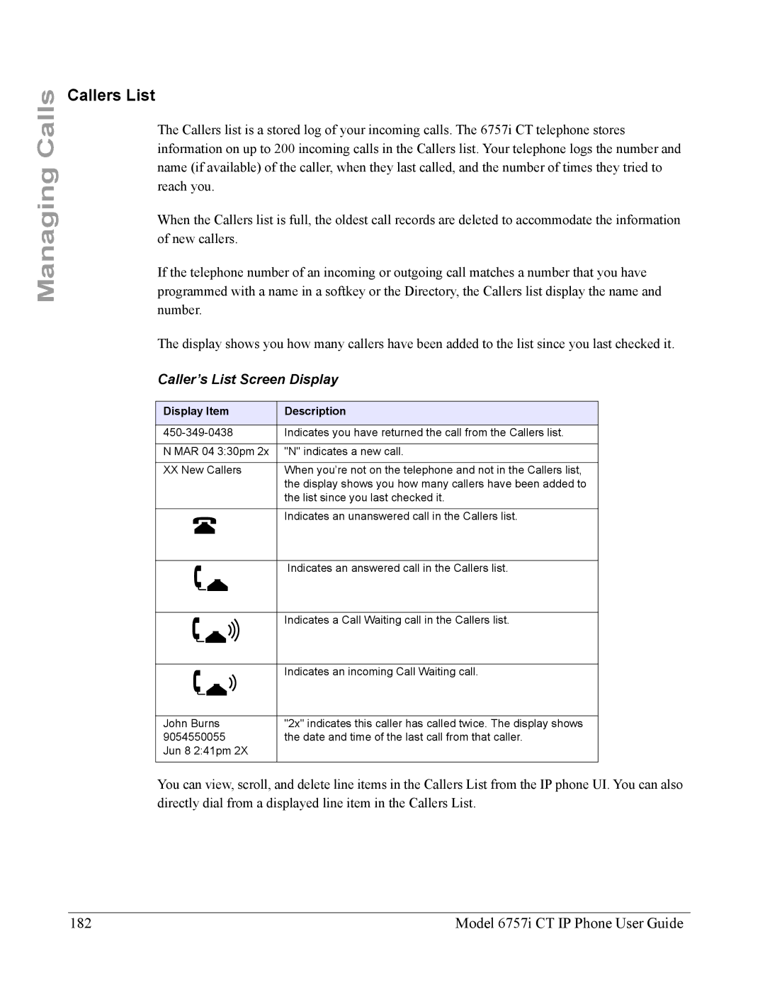 Aastra Telecom 6757I CT manual Callers List, Model 6757i CT IP Phone User Guide, Caller’s List Screen Display 