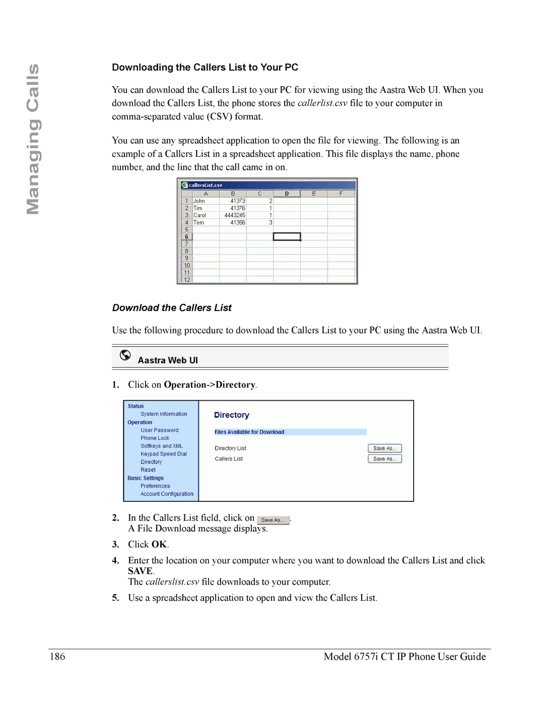 Aastra Telecom 6757I CT manual Model 6757i CT IP Phone User Guide, Downloading the Callers List to Your PC 