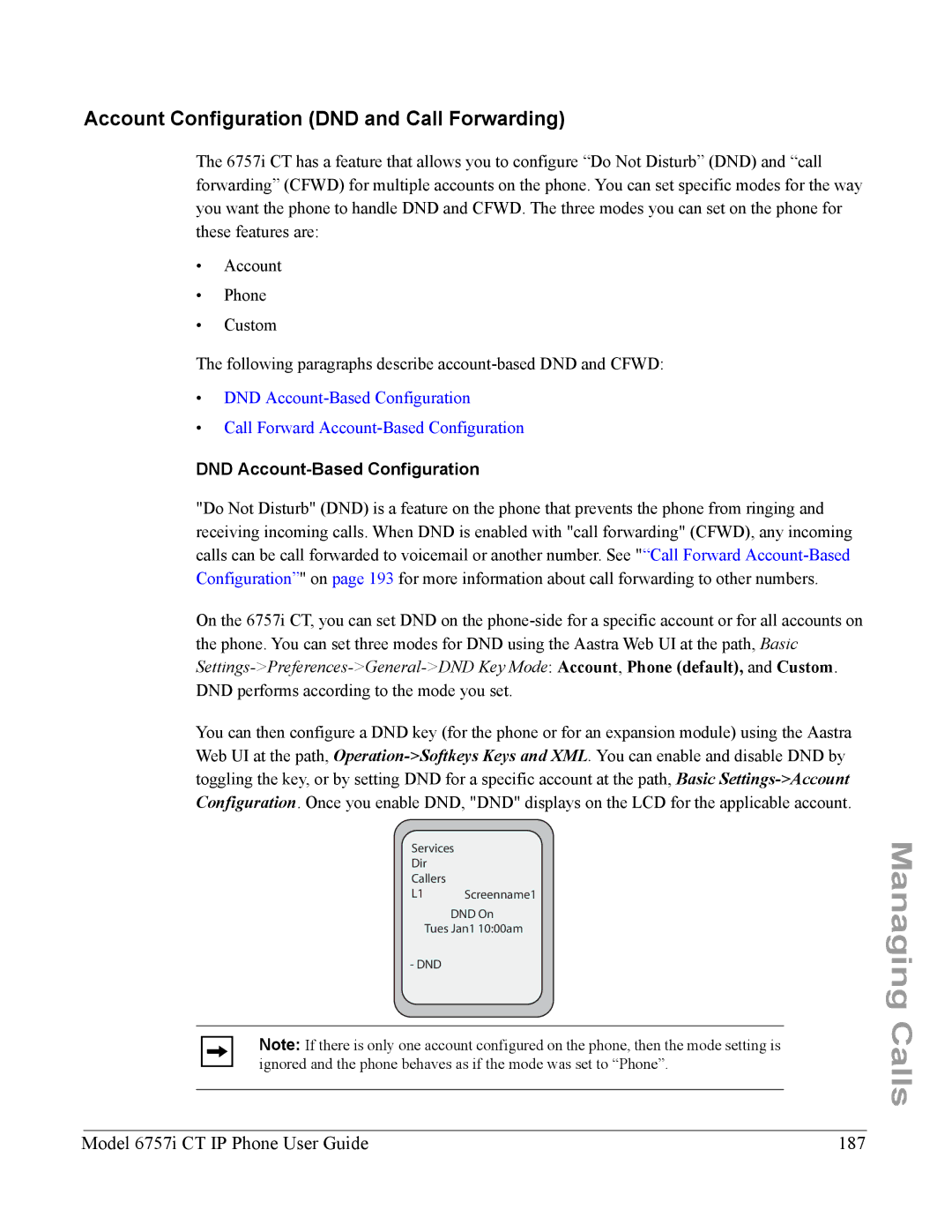 Aastra Telecom 6757I CT manual Account Configuration DND and Call Forwarding, Model 6757i CT IP Phone User Guide 187 