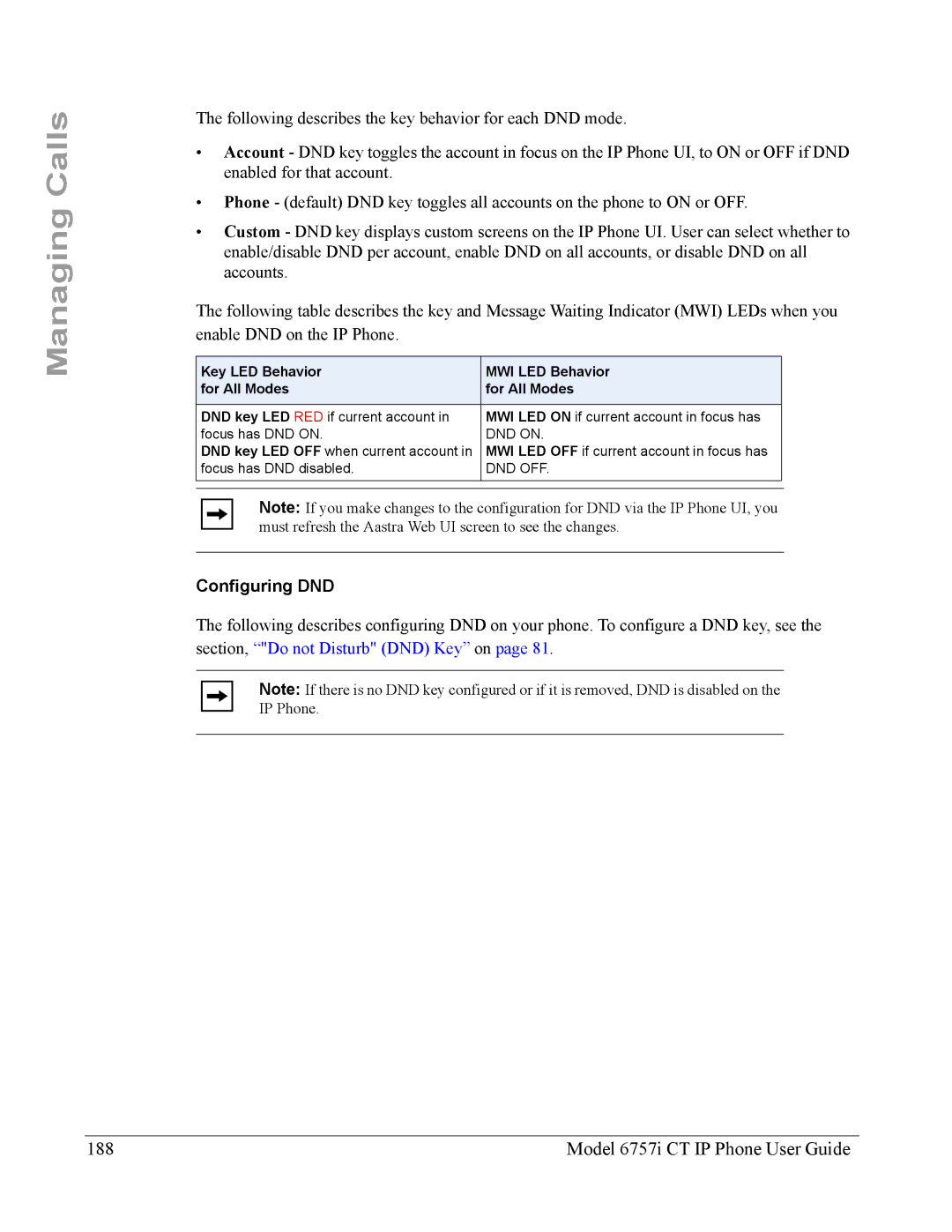 Aastra Telecom 6757I CT manual Model 6757i CT IP Phone User Guide, Configuring DND 