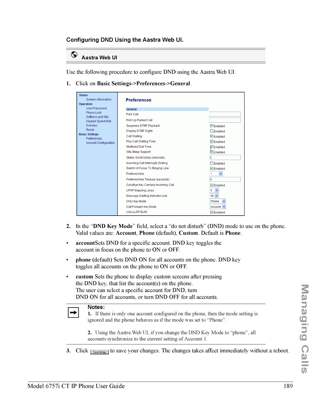 Aastra Telecom 6757I CT manual Model 6757i CT IP Phone User Guide 189, Configuring DND Using the Aastra Web UI 