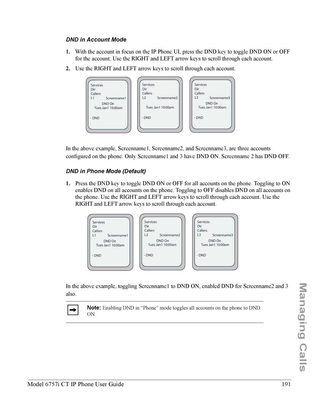 Aastra Telecom 6757I CT manual Model 6757i CT IP Phone User Guide 191, DND in Account Mode, DND in Phone Mode Default 