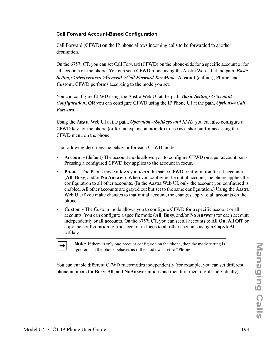 Aastra Telecom 6757I CT manual Model 6757i CT IP Phone User Guide 193, Call Forward Account-Based Configuration 