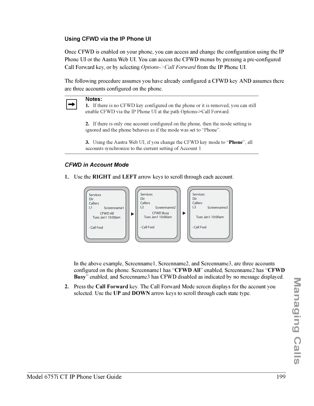 Aastra Telecom 6757I CT manual Model 6757i CT IP Phone User Guide 199, Using Cfwd via the IP Phone UI, Cfwd in Account Mode 