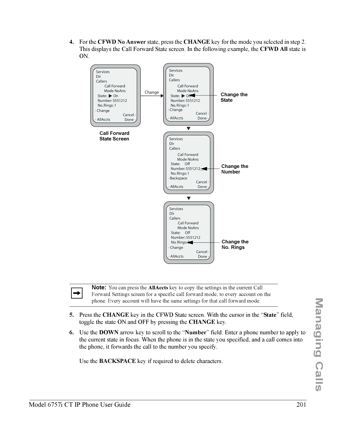 Aastra Telecom 6757I CT manual Model 6757i CT IP Phone User Guide 201, Call Forward State Screen 