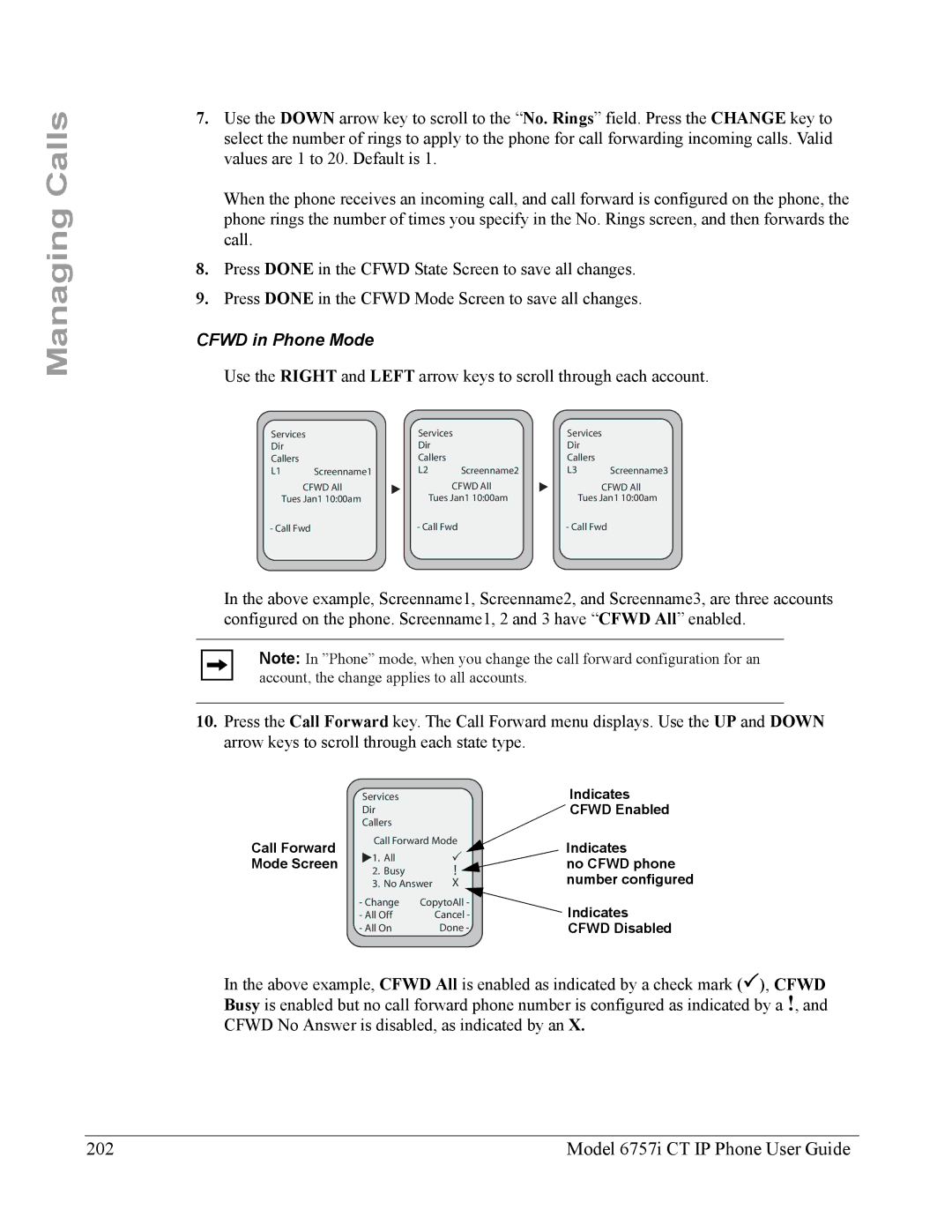 Aastra Telecom 6757I CT manual Model 6757i CT IP Phone User Guide, Cfwd in Phone Mode, Mode Screen No Cfwd phone 