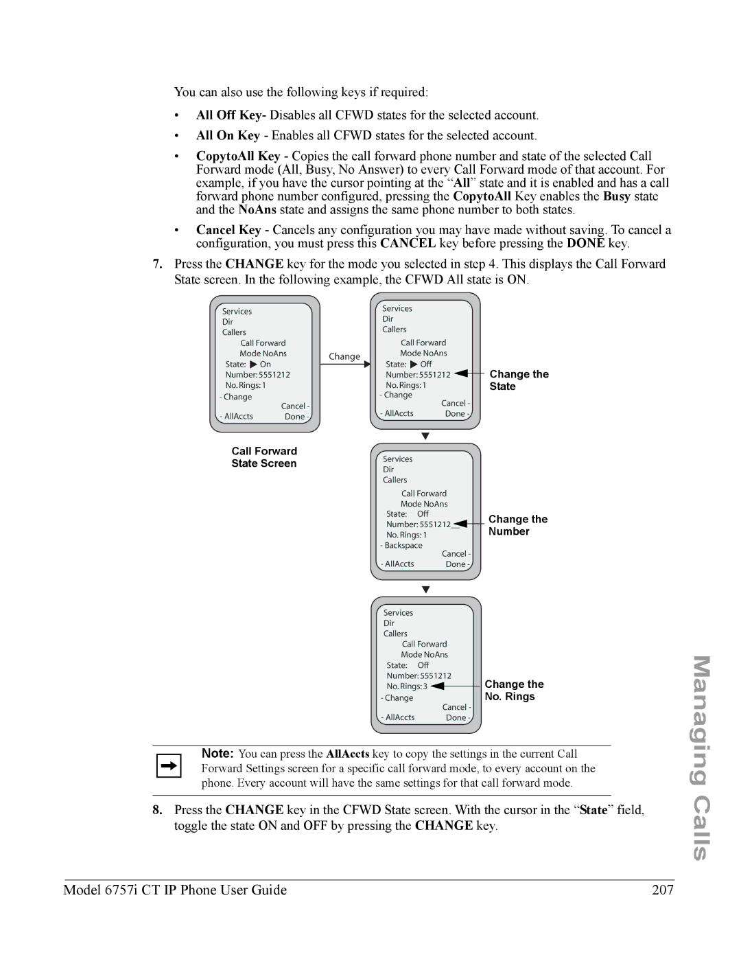 Aastra Telecom 6757I CT manual Model 6757i CT IP Phone User Guide 207, Change, State, No. Rings 