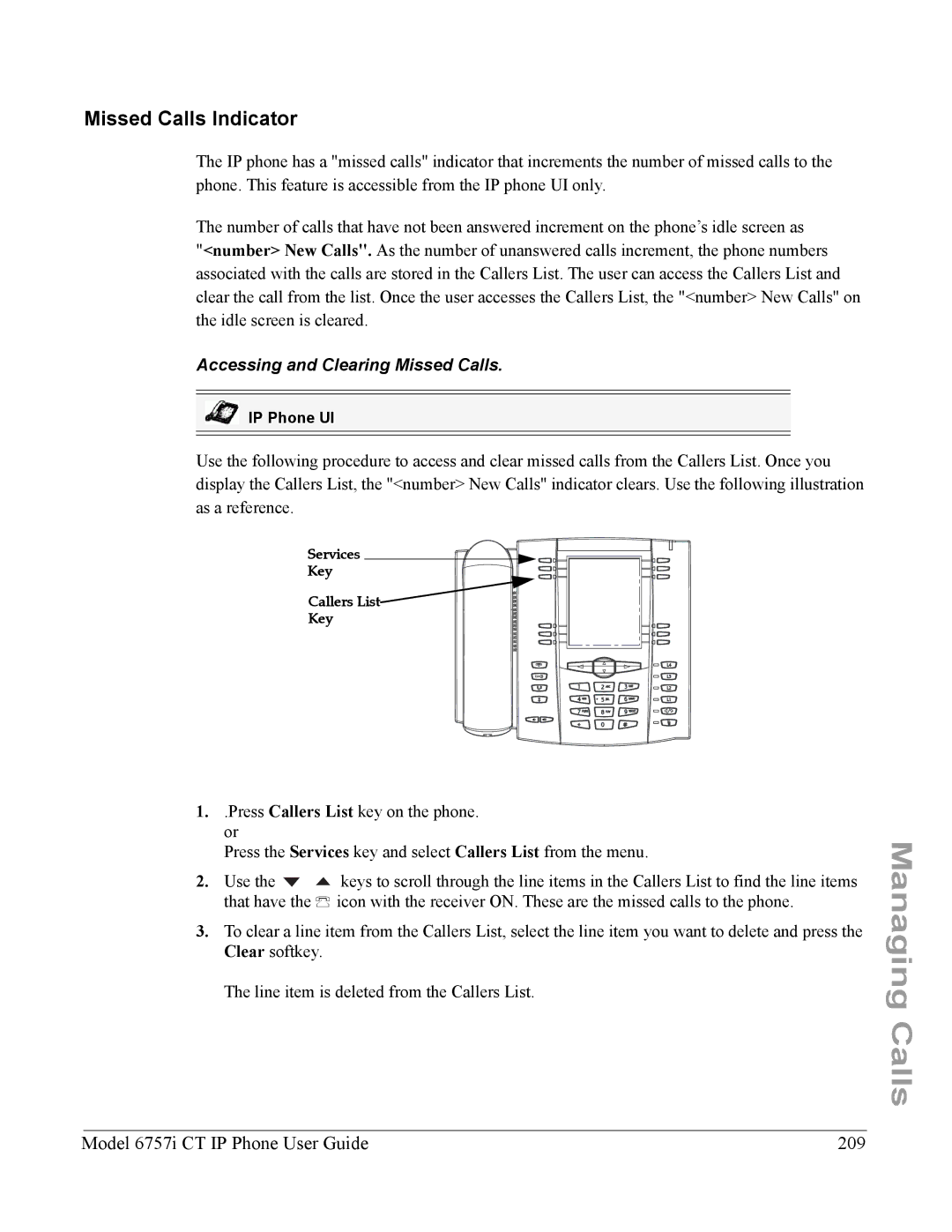 Aastra Telecom 6757I CT manual Missed Calls Indicator, Model 6757i CT IP Phone User Guide 209, Services Key Callers List 