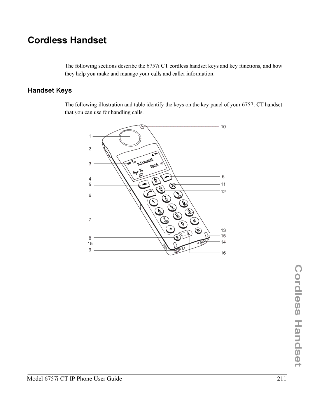 Aastra Telecom 6757I CT manual Cordless Handset, Handset Keys, Model 6757i CT IP Phone User Guide 211 