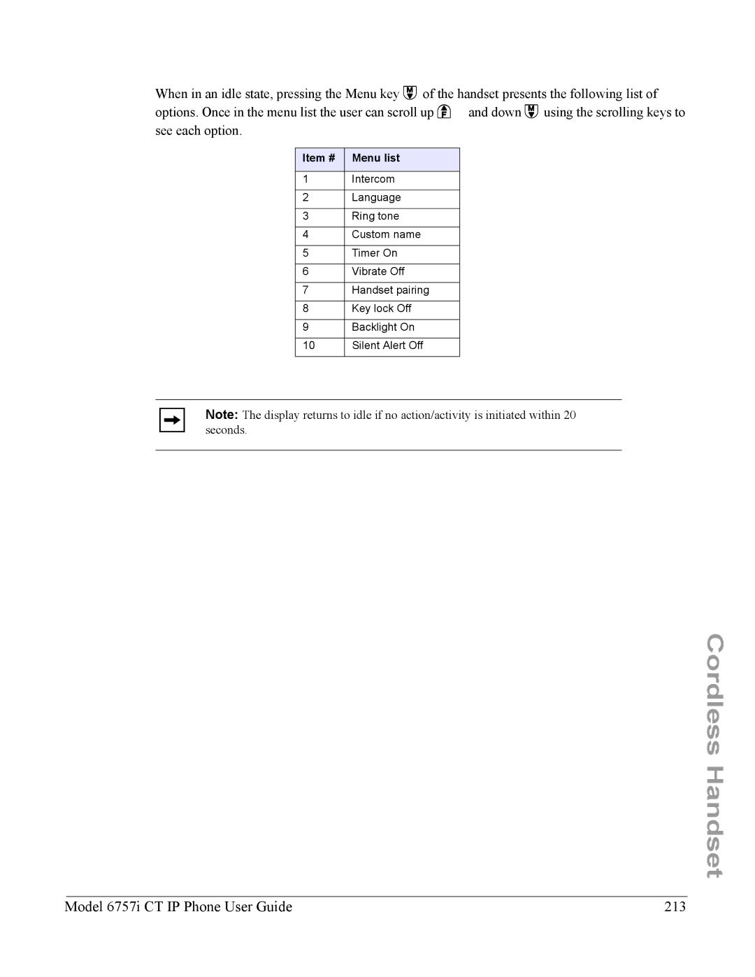 Aastra Telecom 6757I CT manual Model 6757i CT IP Phone User Guide 213, Item # Menu list 