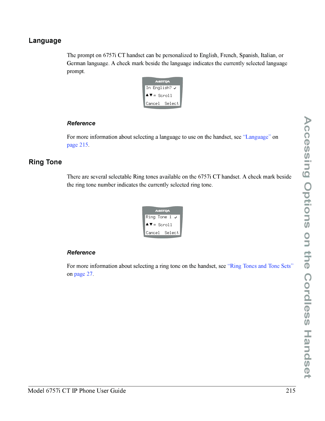 Aastra Telecom 6757I CT manual Ring Tone, Model 6757i CT IP Phone User Guide 215 