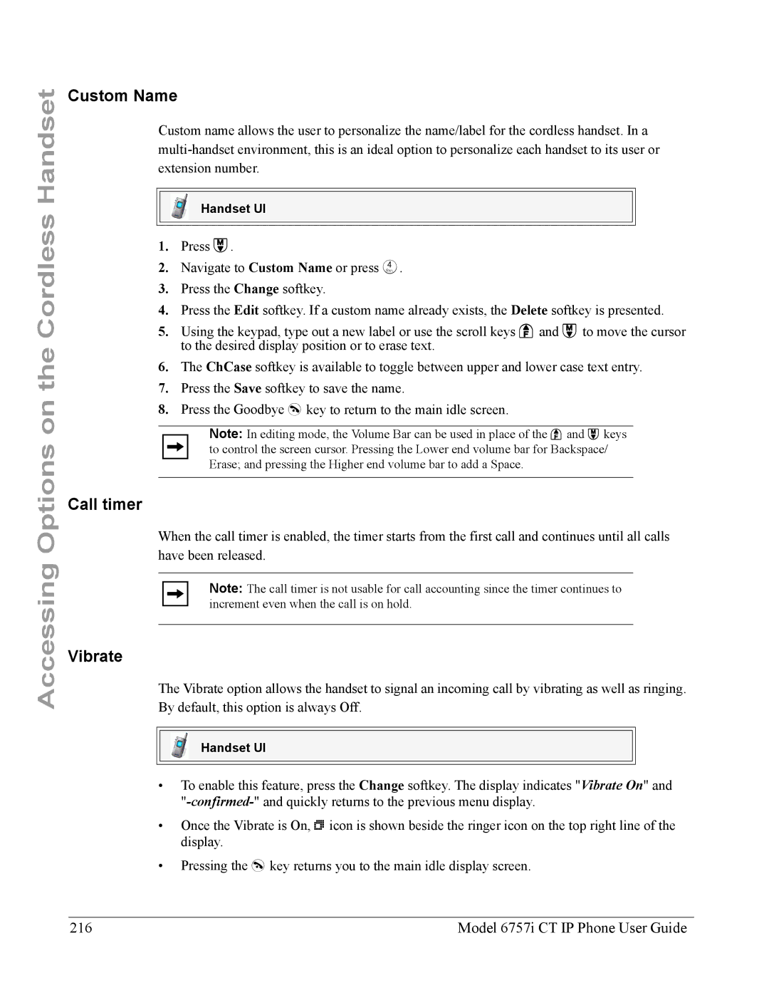 Aastra Telecom 6757I CT manual Custom Name, Call timer, Vibrate, Model 6757i CT IP Phone User Guide 