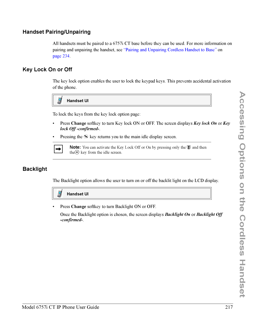 Aastra Telecom 6757I CT manual Handset Pairing/Unpairing, Key Lock On or Off, Model 6757i CT IP Phone User Guide 217 