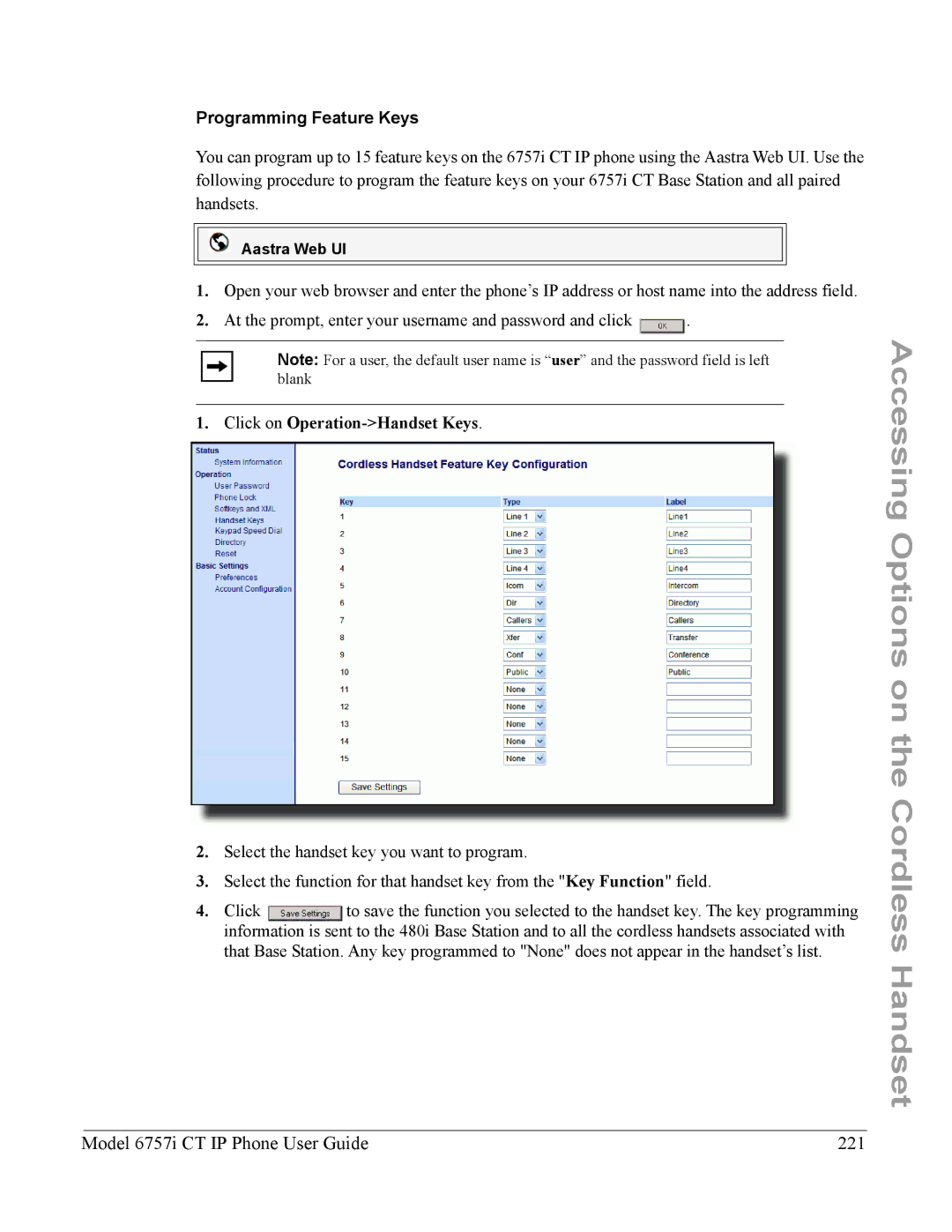 Aastra Telecom 6757I CT Model 6757i CT IP Phone User Guide 221, Programming Feature Keys, Click on Operation-Handset Keys 