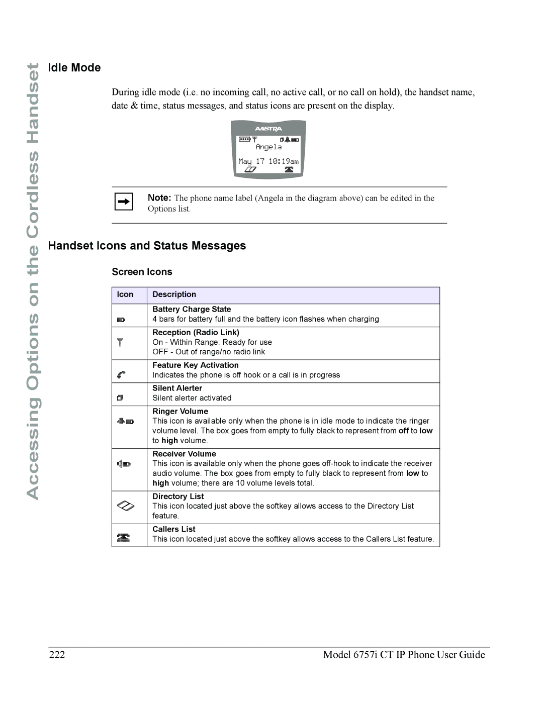 Aastra Telecom 6757I CT Idle Mode, Handset Icons and Status Messages, Model 6757i CT IP Phone User Guide, Screen Icons 