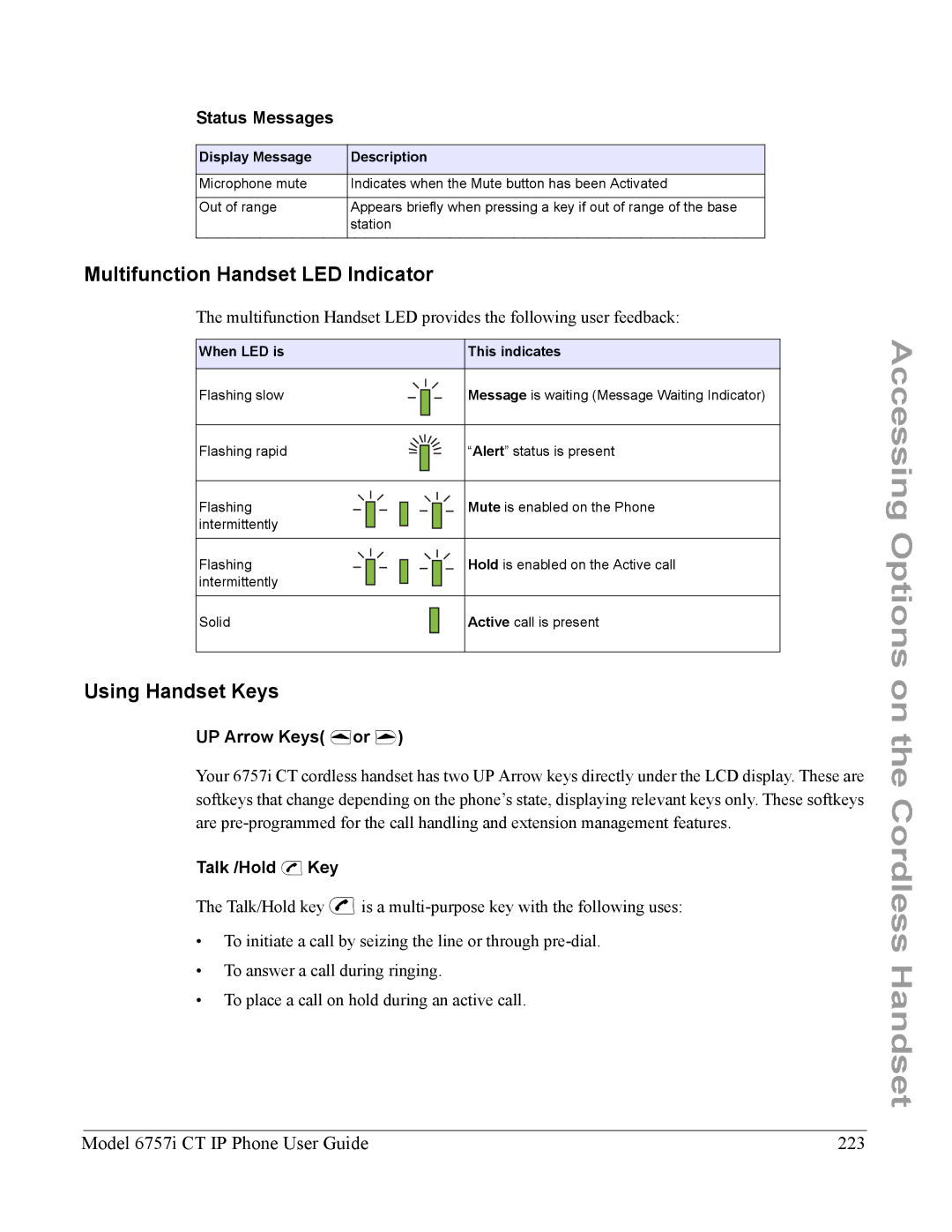 Aastra Telecom 6757I CT Multifunction Handset LED Indicator, Using Handset Keys, Model 6757i CT IP Phone User Guide 223 