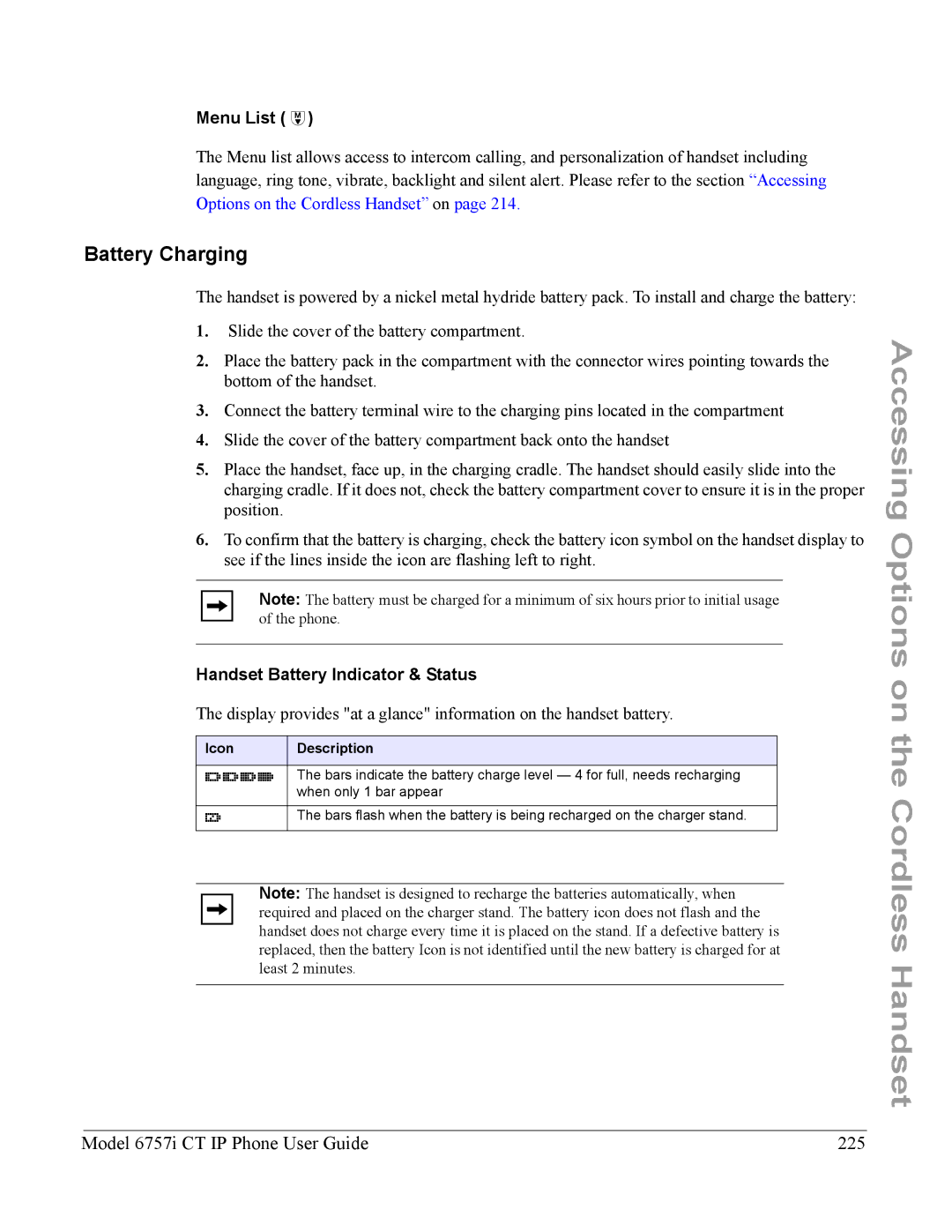 Aastra Telecom 6757I CT manual Battery Charging, Model 6757i CT IP Phone User Guide 225, Menu List Â 