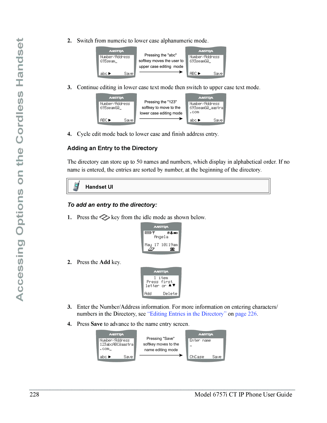 Aastra Telecom 6757I CT manual Model 6757i CT IP Phone User Guide, Adding an Entry to the Directory 