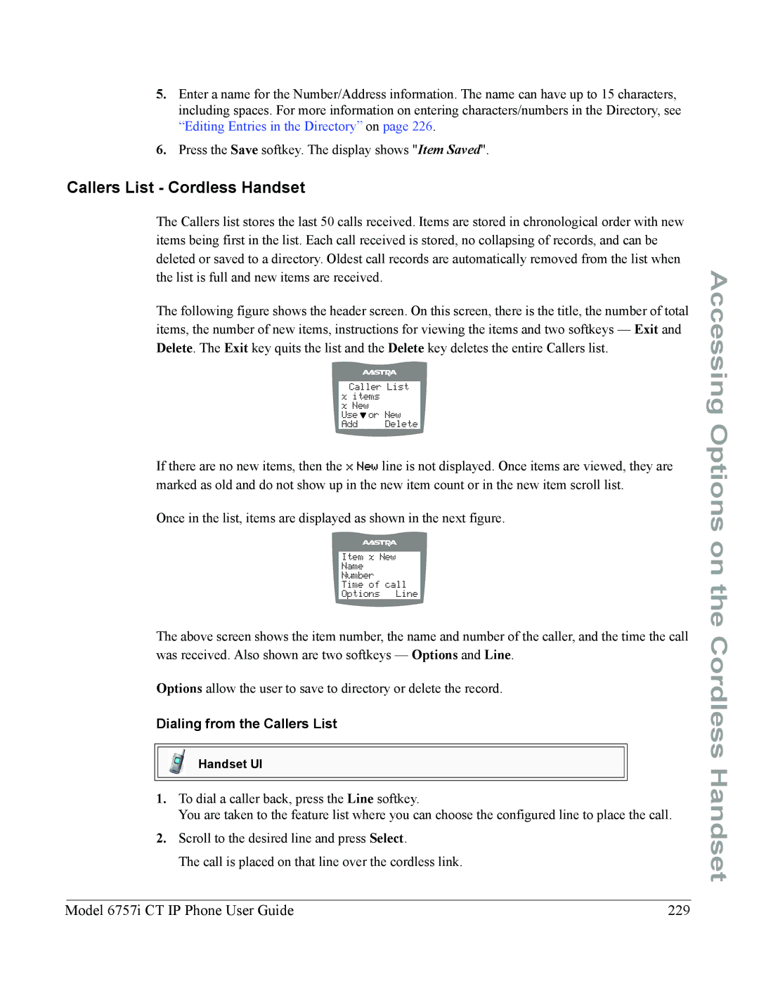 Aastra Telecom 6757I CT manual Callers List Cordless Handset, Model 6757i CT IP Phone User Guide 229 