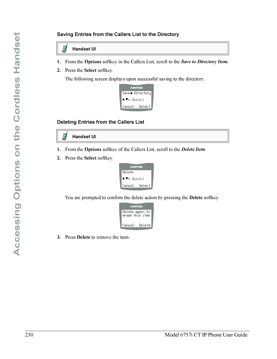 Aastra Telecom 6757I CT manual Model 6757i CT IP Phone User Guide, Saving Entries from the Callers List to the Directory 