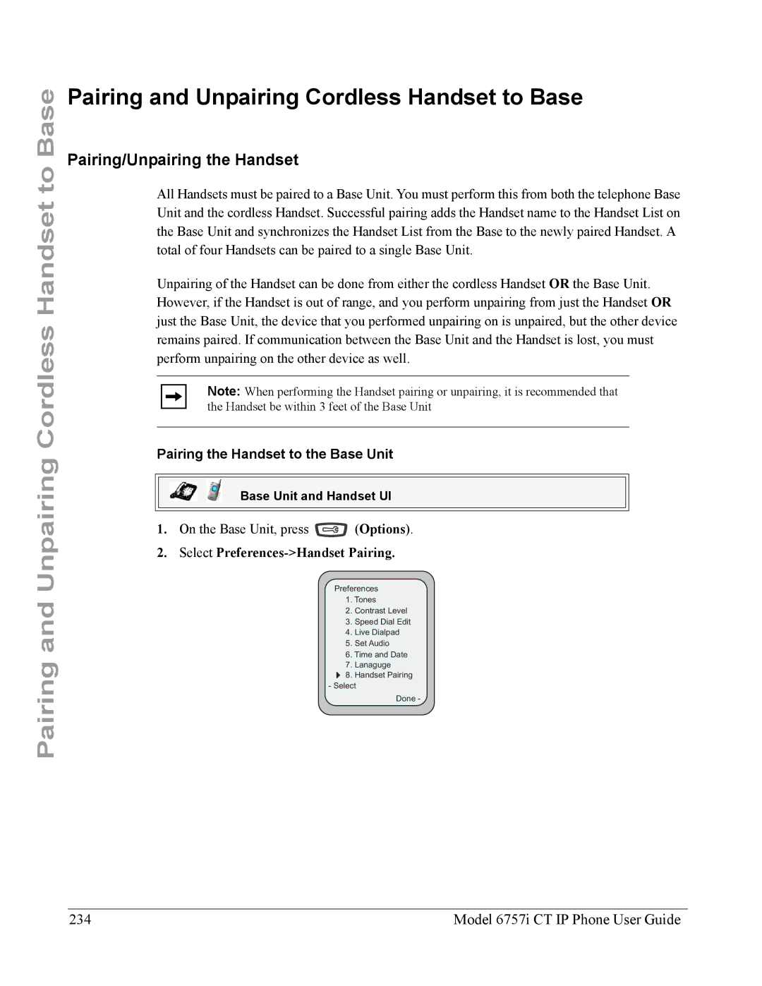 Aastra Telecom 6757I CT manual Pairing and Unpairing Cordless Handset to Base, Pairing/Unpairing the Handset 