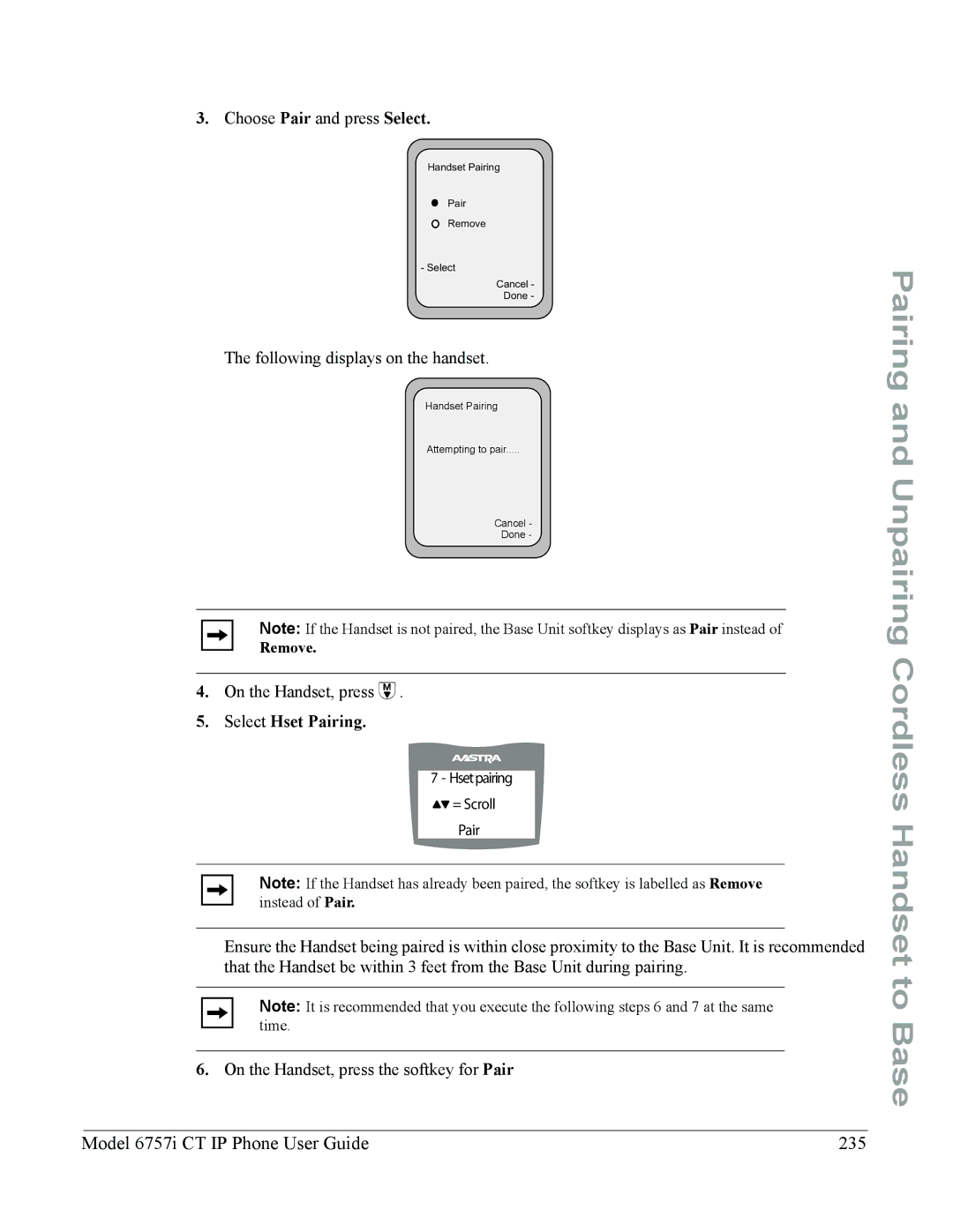 Aastra Telecom 6757I CT manual Model 6757i CT IP Phone User Guide 235, Select Hset Pairing 