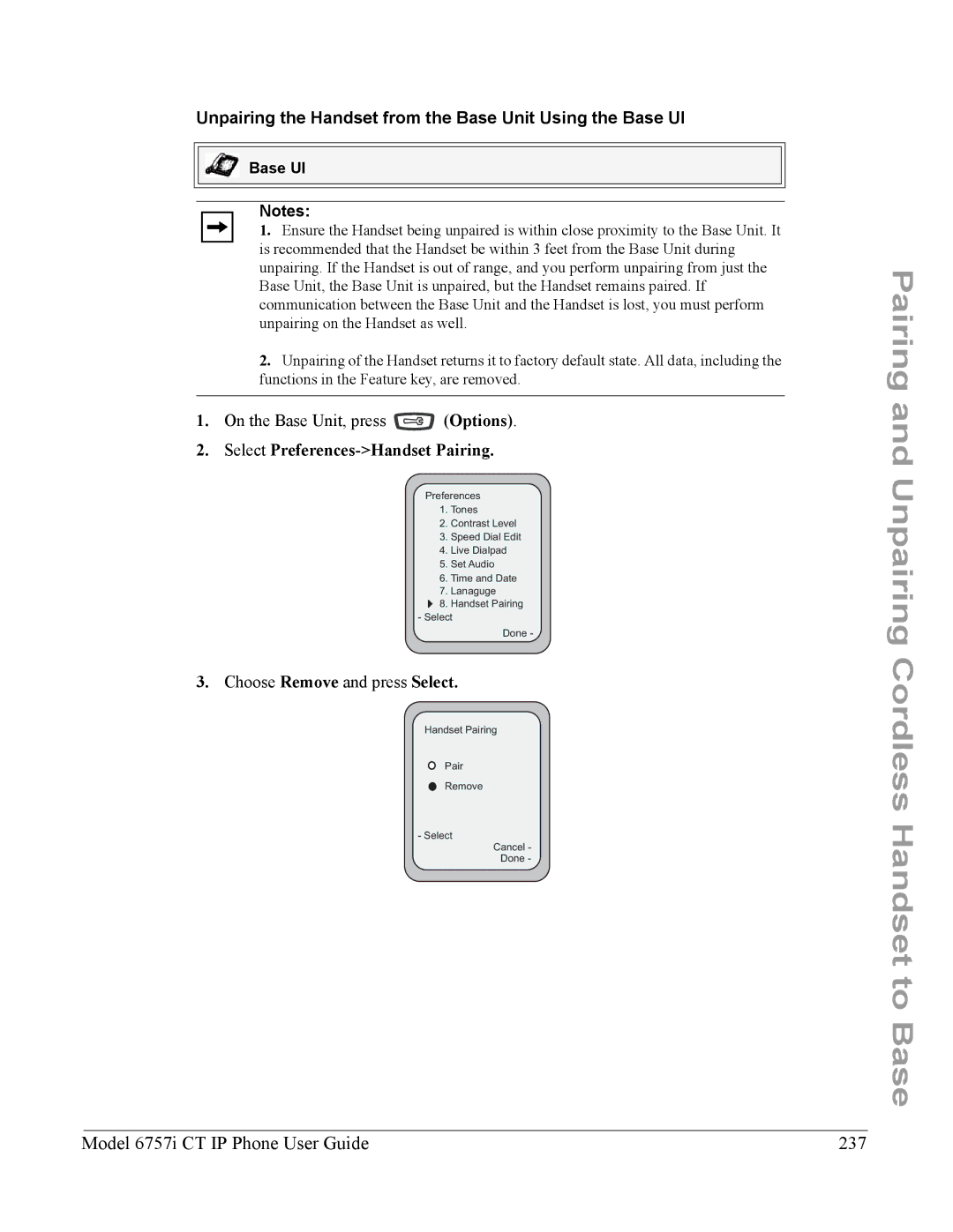 Aastra Telecom 6757I CT Model 6757i CT IP Phone User Guide 237, Unpairing the Handset from the Base Unit Using the Base UI 