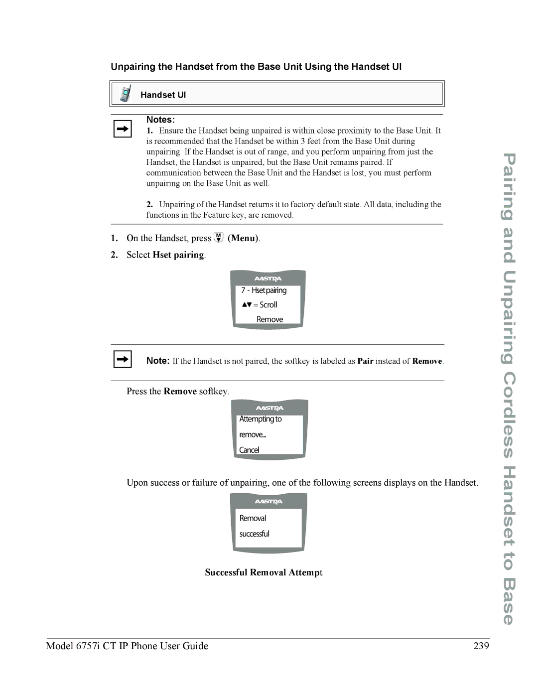 Aastra Telecom 6757I CT manual Model 6757i CT IP Phone User Guide 239, Successful Removal Attempt 