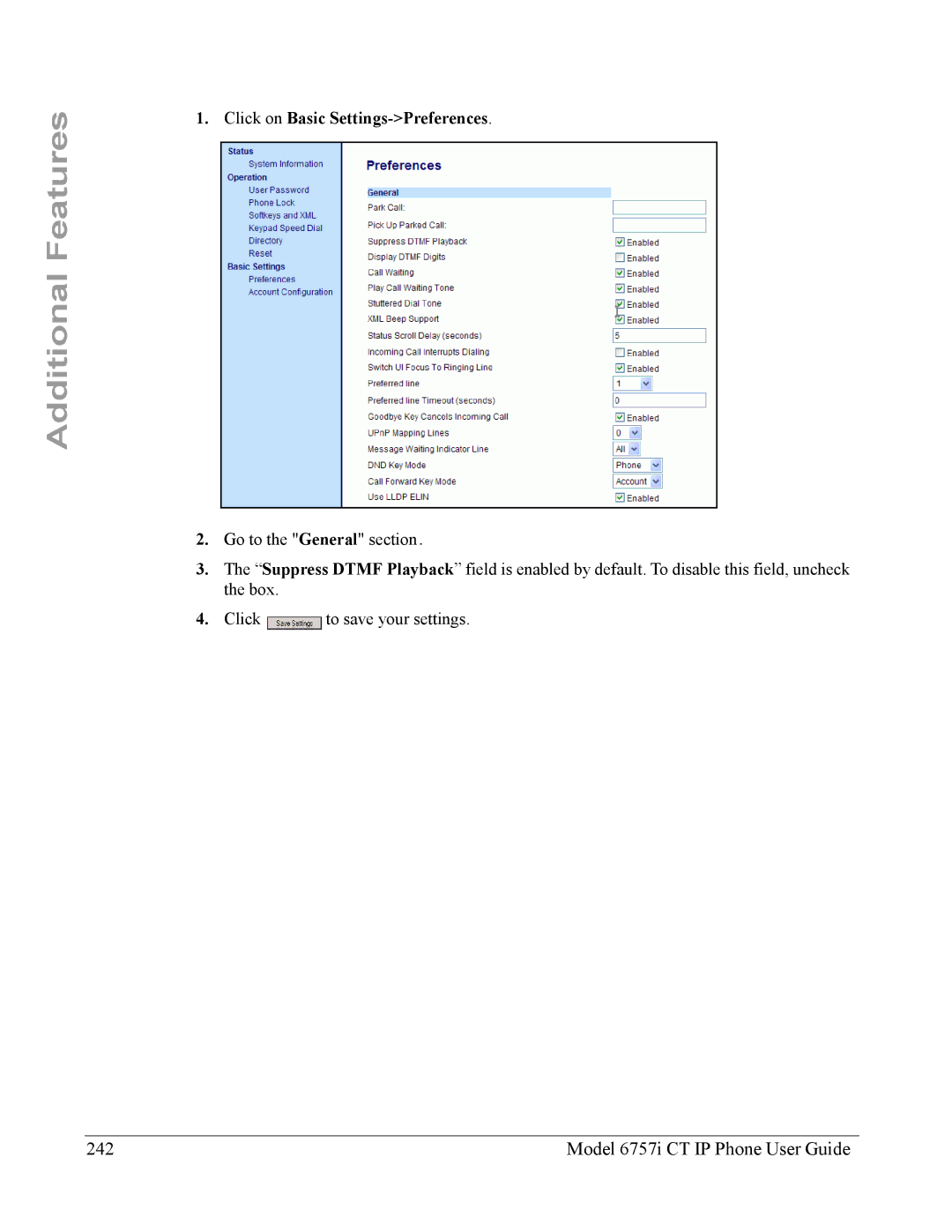 Aastra Telecom 6757I CT manual Model 6757i CT IP Phone User Guide, Click on Basic Settings-Preferences 