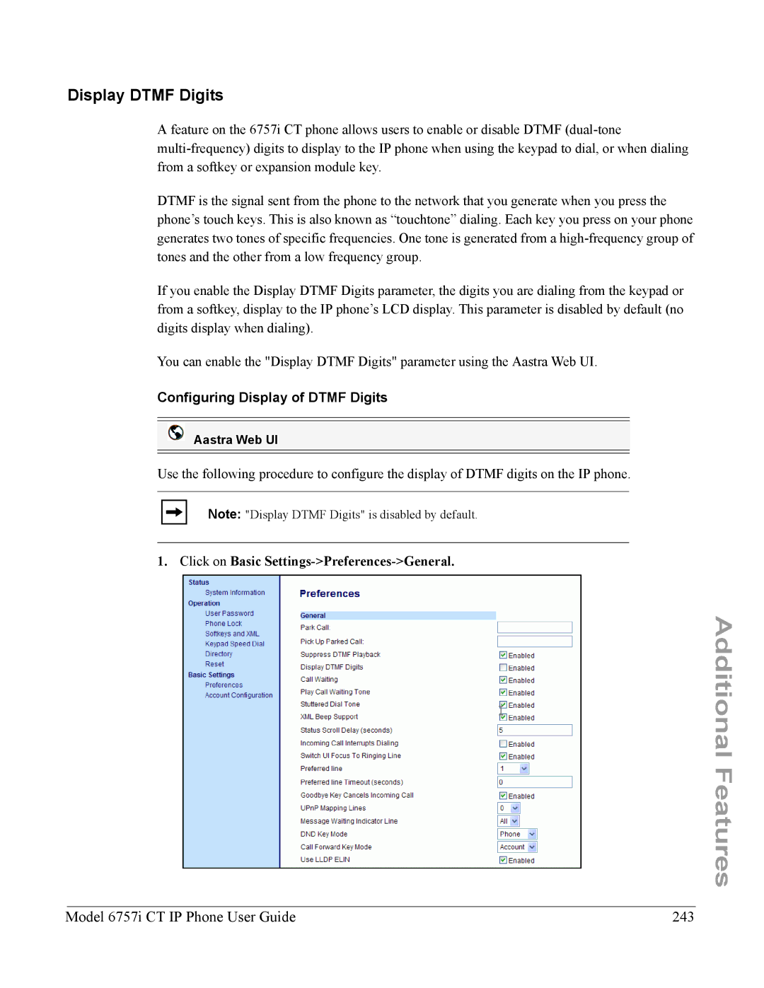 Aastra Telecom 6757I CT Display Dtmf Digits, Model 6757i CT IP Phone User Guide 243, Configuring Display of Dtmf Digits 