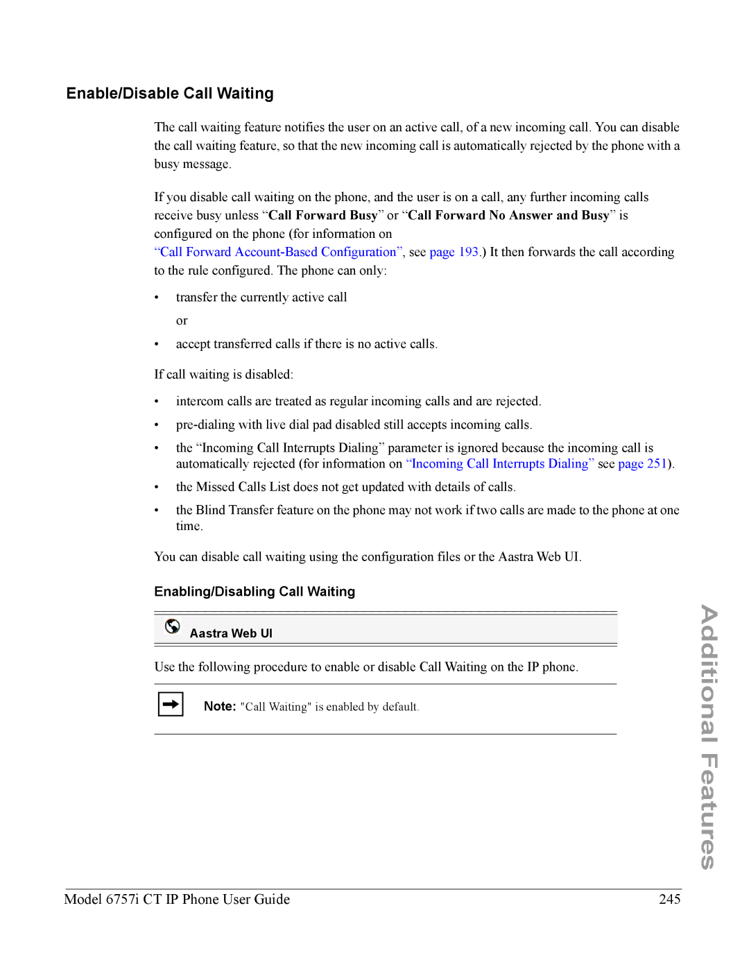 Aastra Telecom 6757I CT manual Enable/Disable Call Waiting, Model 6757i CT IP Phone User Guide 245 