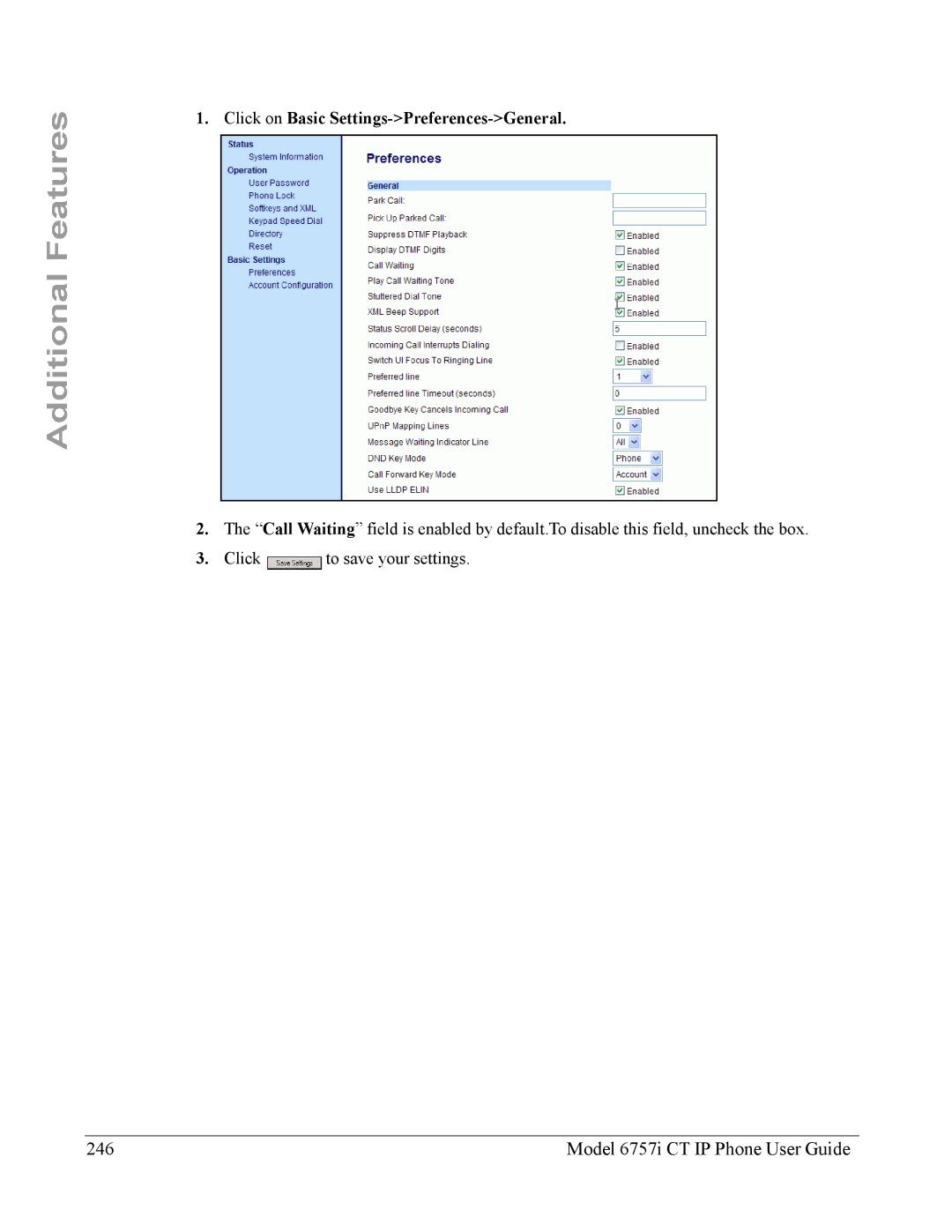 Aastra Telecom 6757I CT manual Model 6757i CT IP Phone User Guide, Click on Basic Settings-Preferences-General 