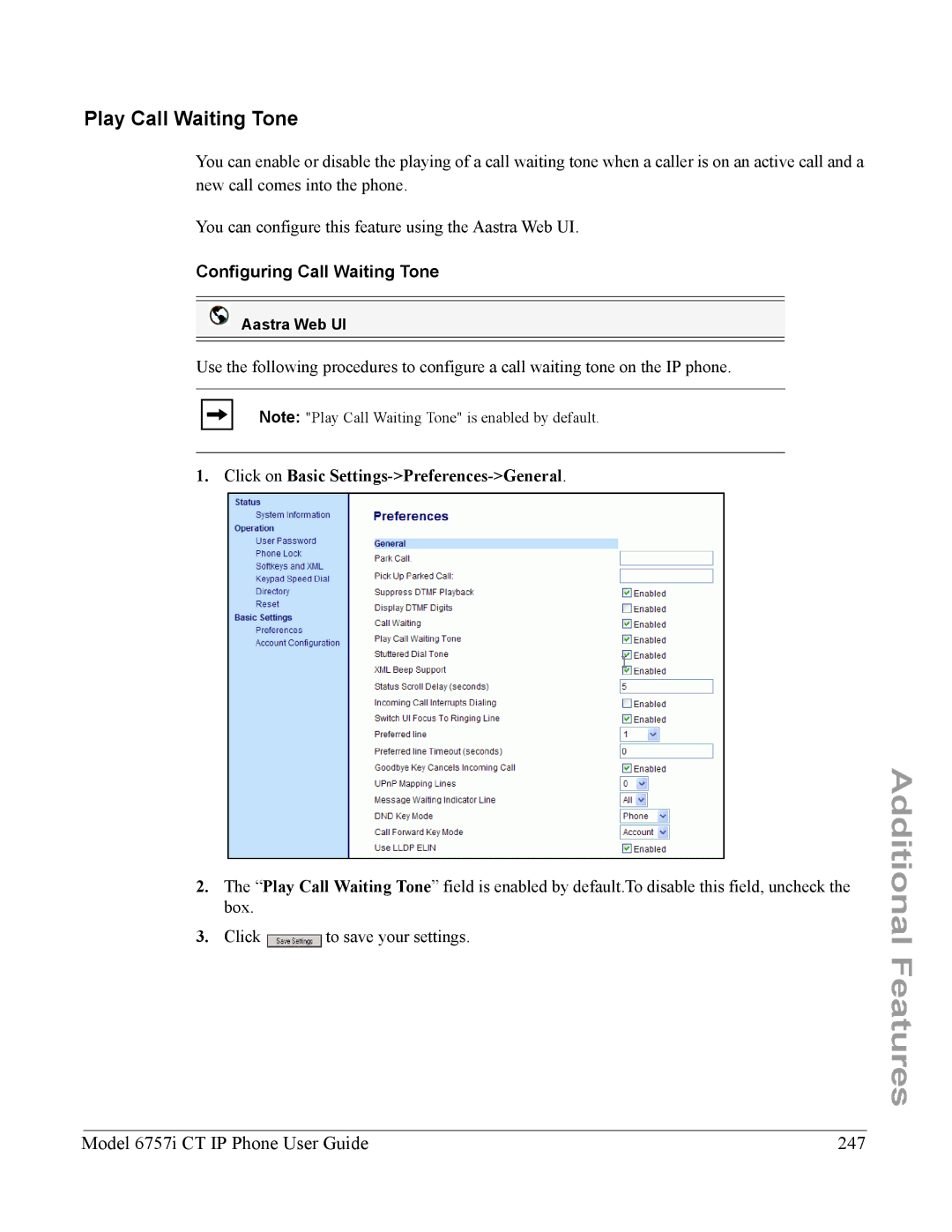 Aastra Telecom 6757I CT Play Call Waiting Tone, Model 6757i CT IP Phone User Guide 247, Configuring Call Waiting Tone 