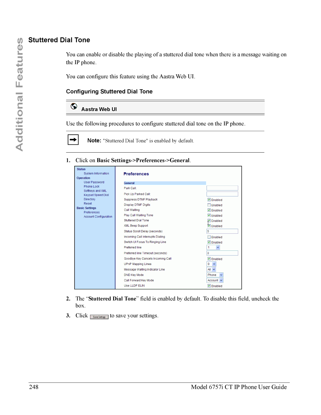 Aastra Telecom 6757I CT manual Model 6757i CT IP Phone User Guide, Configuring Stuttered Dial Tone 