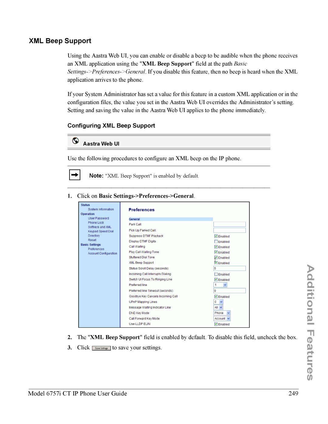 Aastra Telecom 6757I CT manual Model 6757i CT IP Phone User Guide 249, Configuring XML Beep Support 