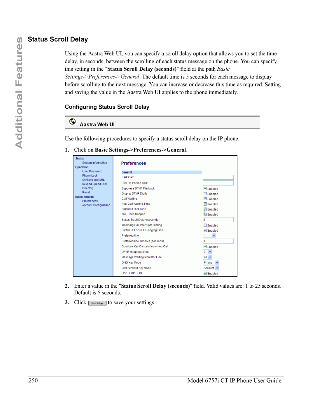 Aastra Telecom 6757I CT manual Model 6757i CT IP Phone User Guide, Configuring Status Scroll Delay 