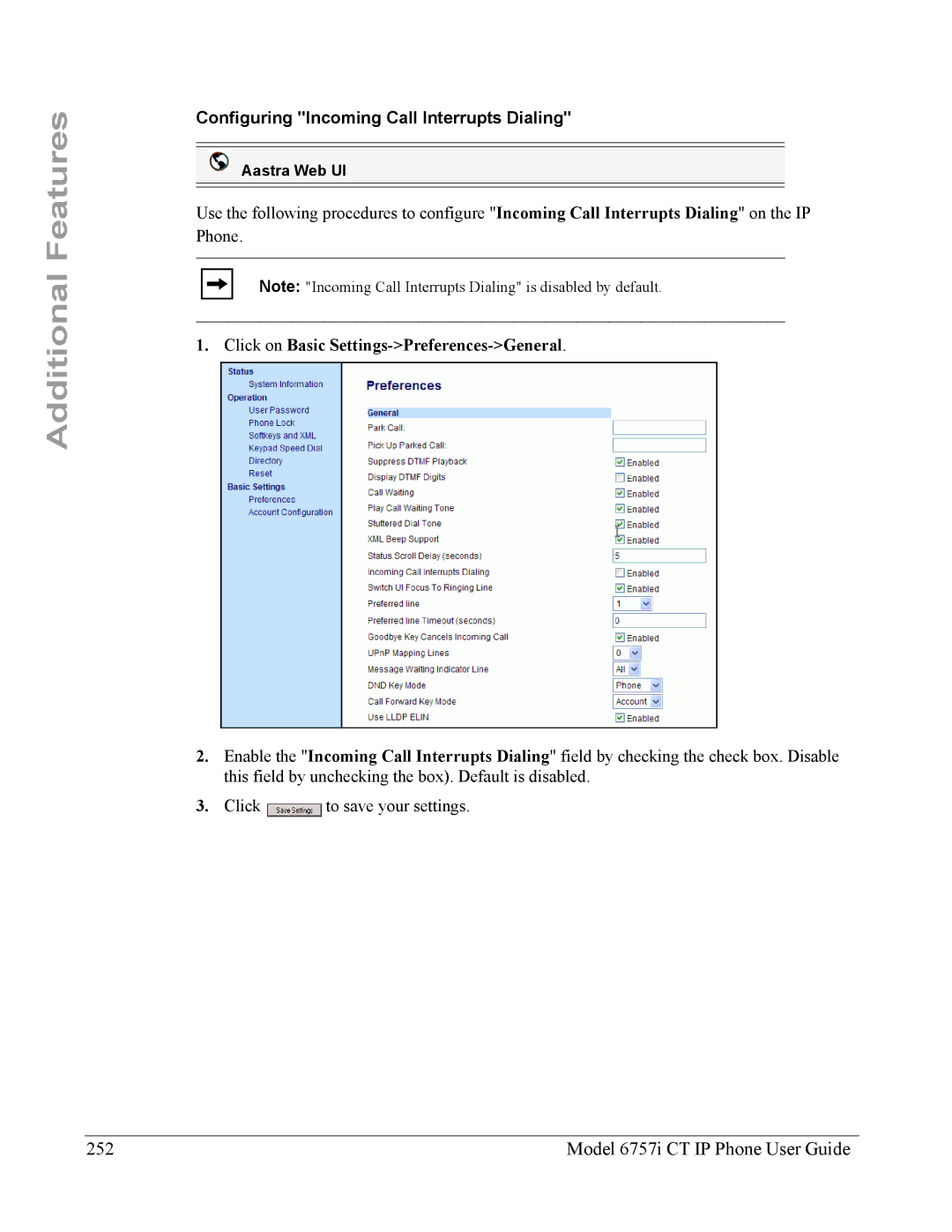 Aastra Telecom 6757I CT manual Model 6757i CT IP Phone User Guide, Configuring Incoming Call Interrupts Dialing 