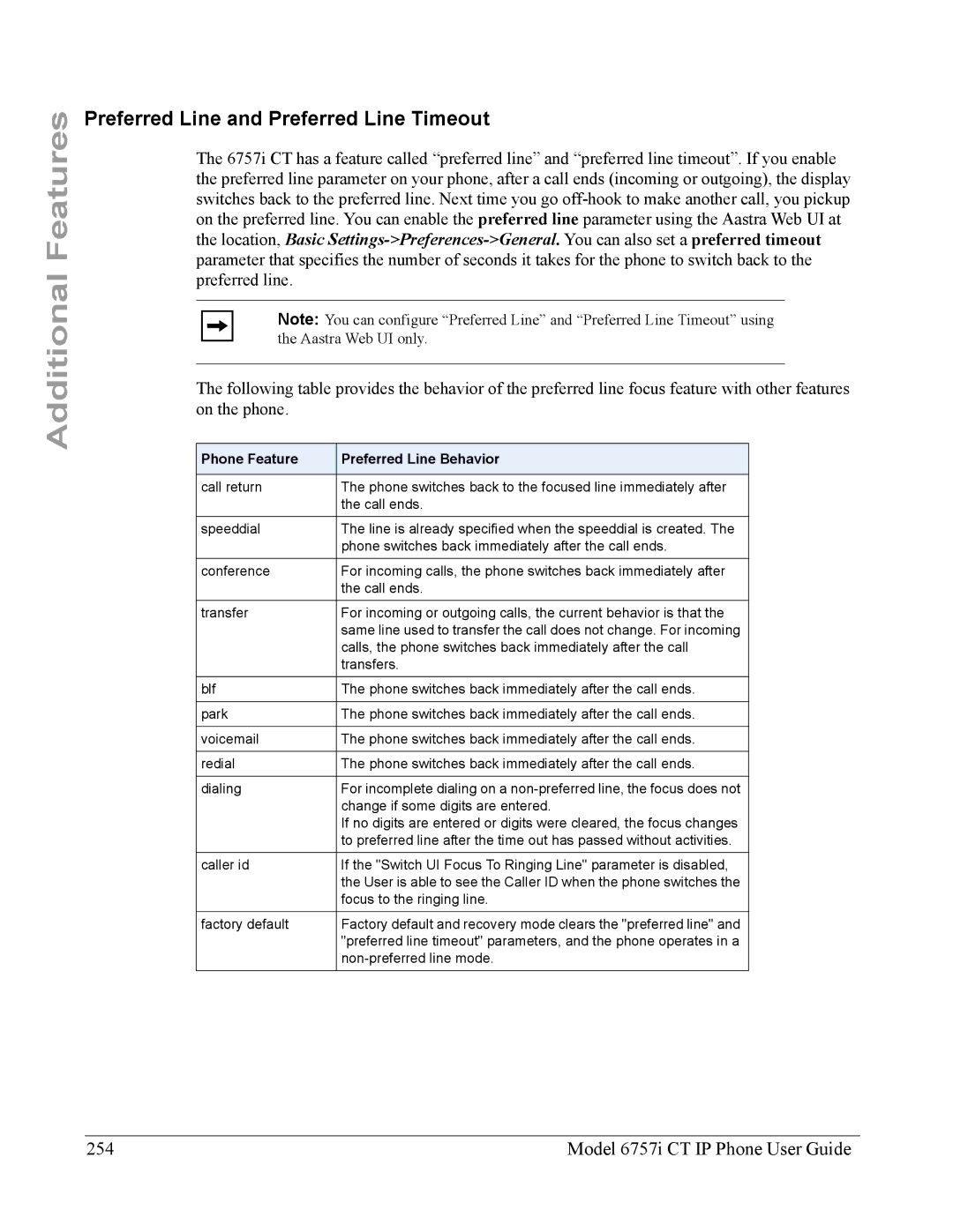 Aastra Telecom 6757I CT manual Preferred Line and Preferred Line Timeout, Model 6757i CT IP Phone User Guide 